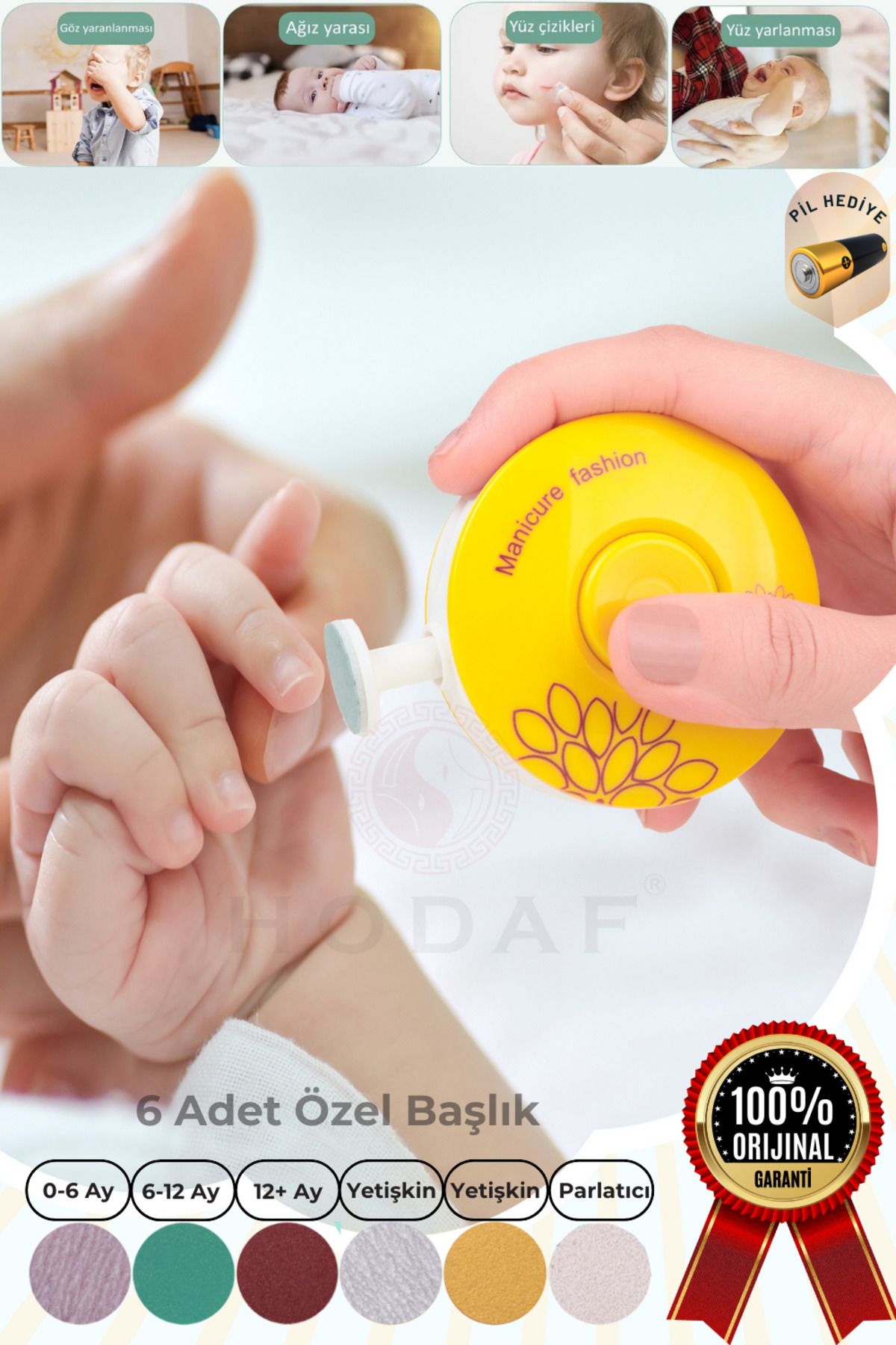 HODAF Yenidoğan Bebek/Çocuk ve Yetişkin Pilli Tırnak Kesme Törpüleme Makinası Manikür Set 6 Başlıklı