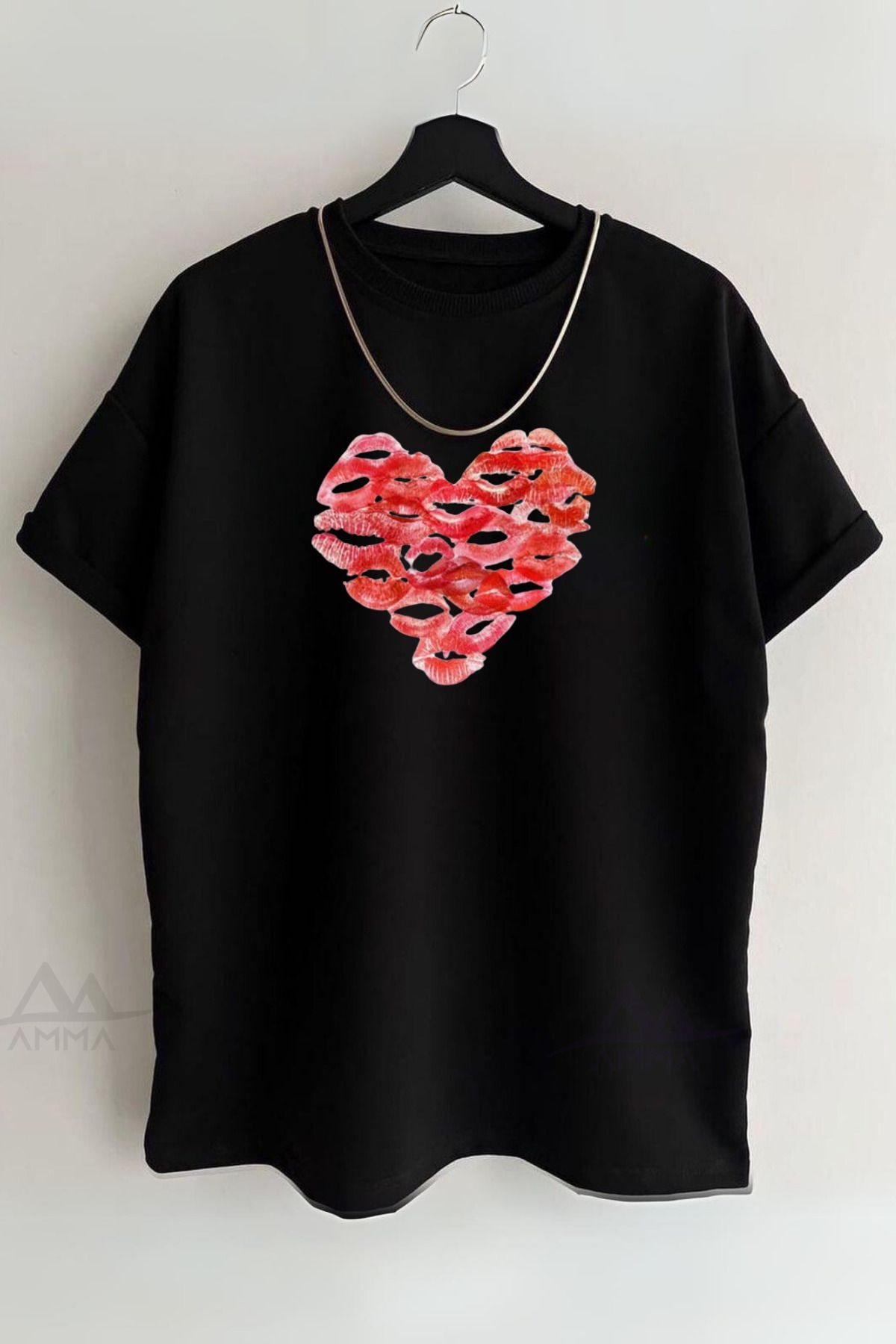 AMMA Unisex Sevgiliye Öpücüklü Öpücük Baskılı Trend Kısa Kol %100 Pamuk T-shirt