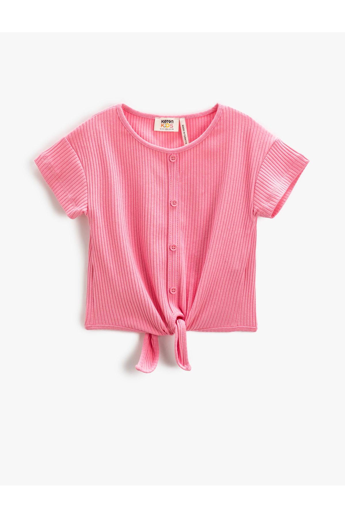 Koton Basic Crop Tişört Beli Bağlamalı Fitilli Düğmeli Kısa Kollu