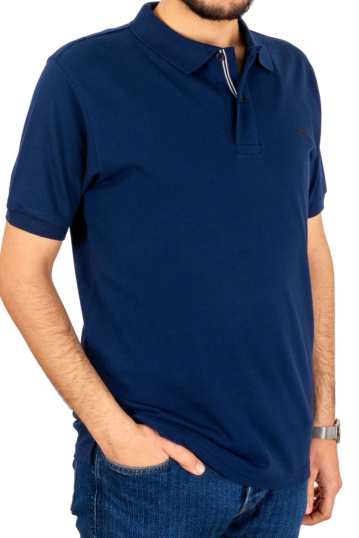 BSM Erkek Yüksek Kalite Kısa Kollu Polo Yaka İndigo Pike T-Shirt