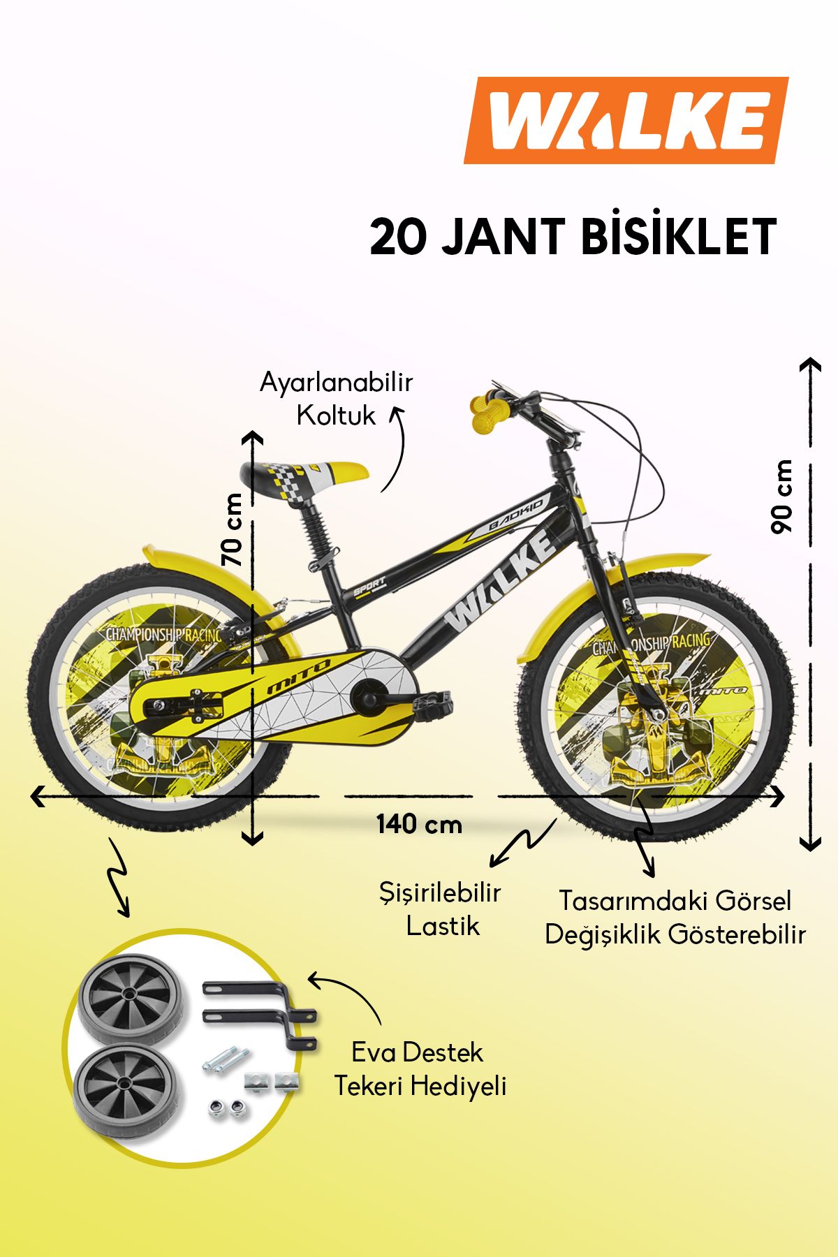 Walke Mito 20 Jant Çocuk Bisikleti Sarı Eva Destek Tekeri Hediyeli