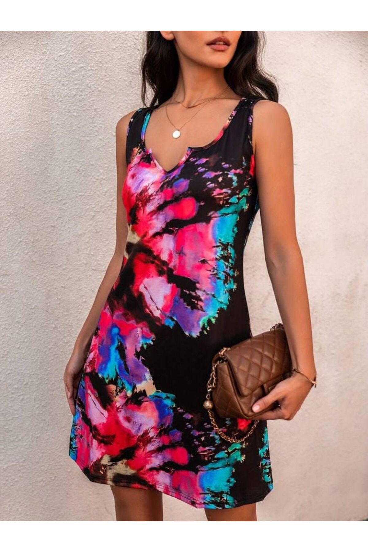 Modayakamoz Kadın V Yaka Detay Renkli Karışık Desen Süprem Kolsuz Mini Elbise