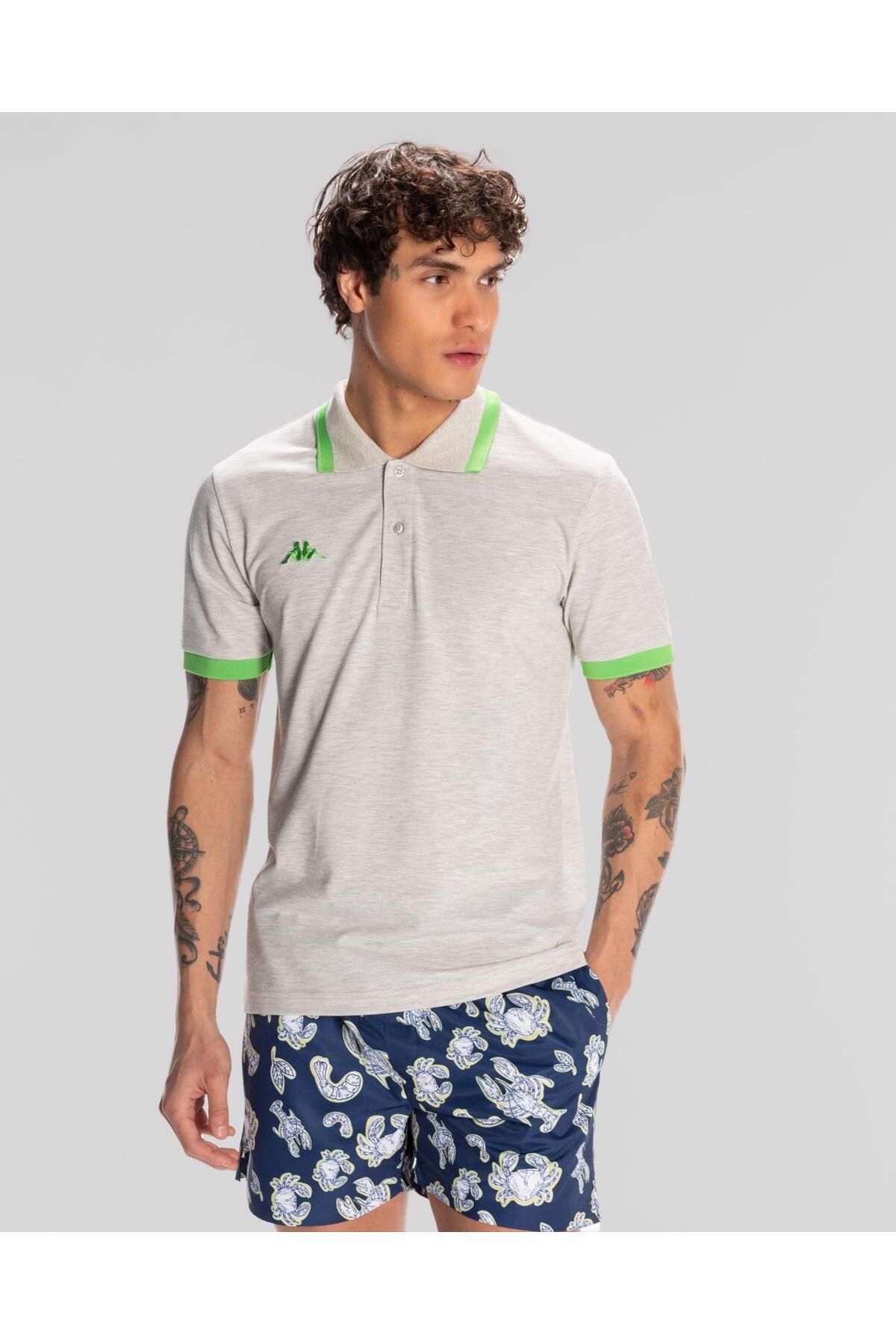 Kappa Logo Neon Erkek Gri-Yeşil Regular Fit Polo Tişört