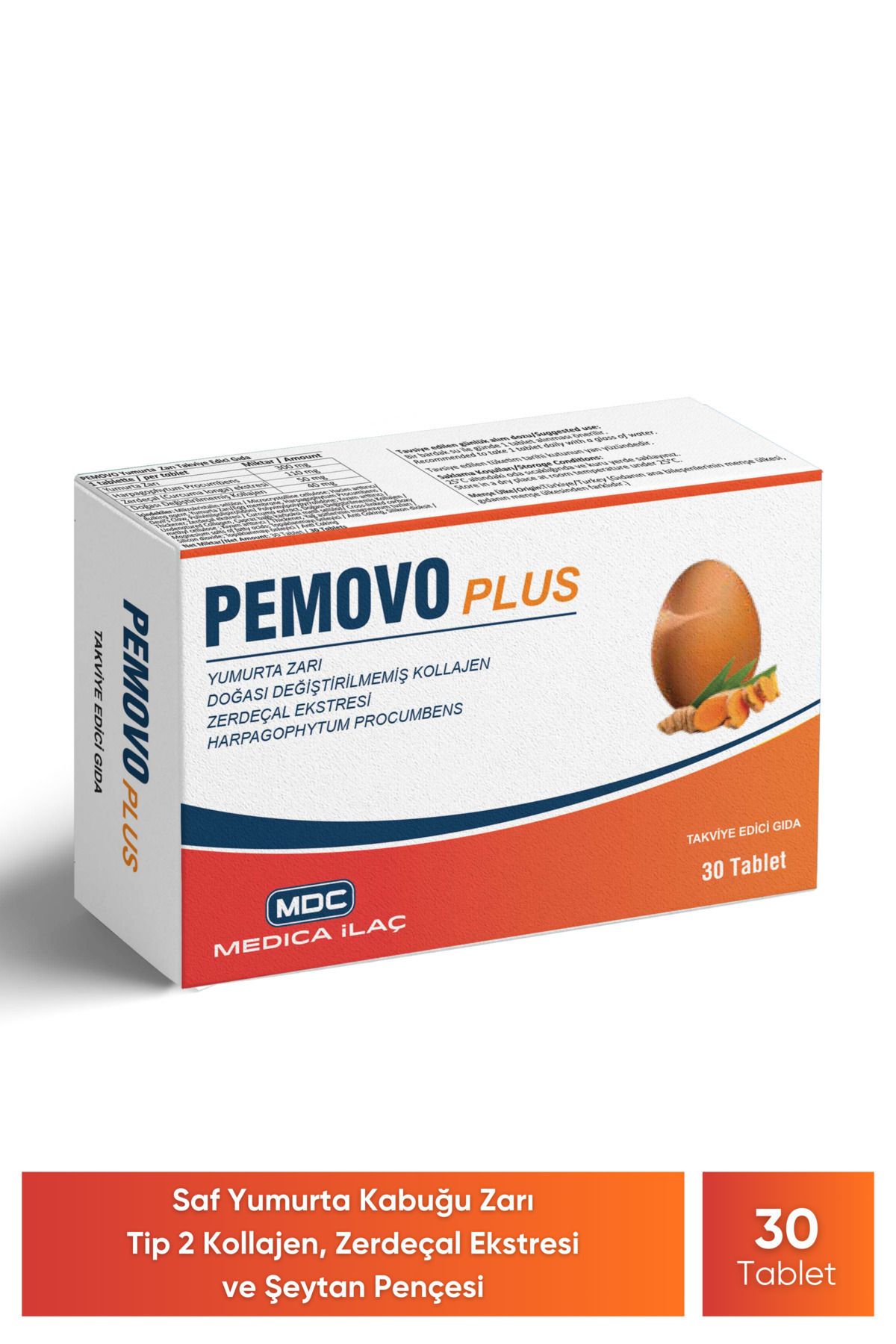 MDC Pemovo Plus 30 Tablet (SAF YUMURTA KABUĞU ZARI, TİP 2 KOLAJEN, ŞEYTAN PENÇESİ VE ZERDEÇAL EKSTRESİ)