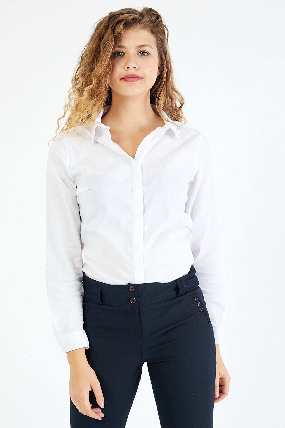 PERA CLUB Kadın Basic Likralı Gizli Düğme Özellikli Gömlek