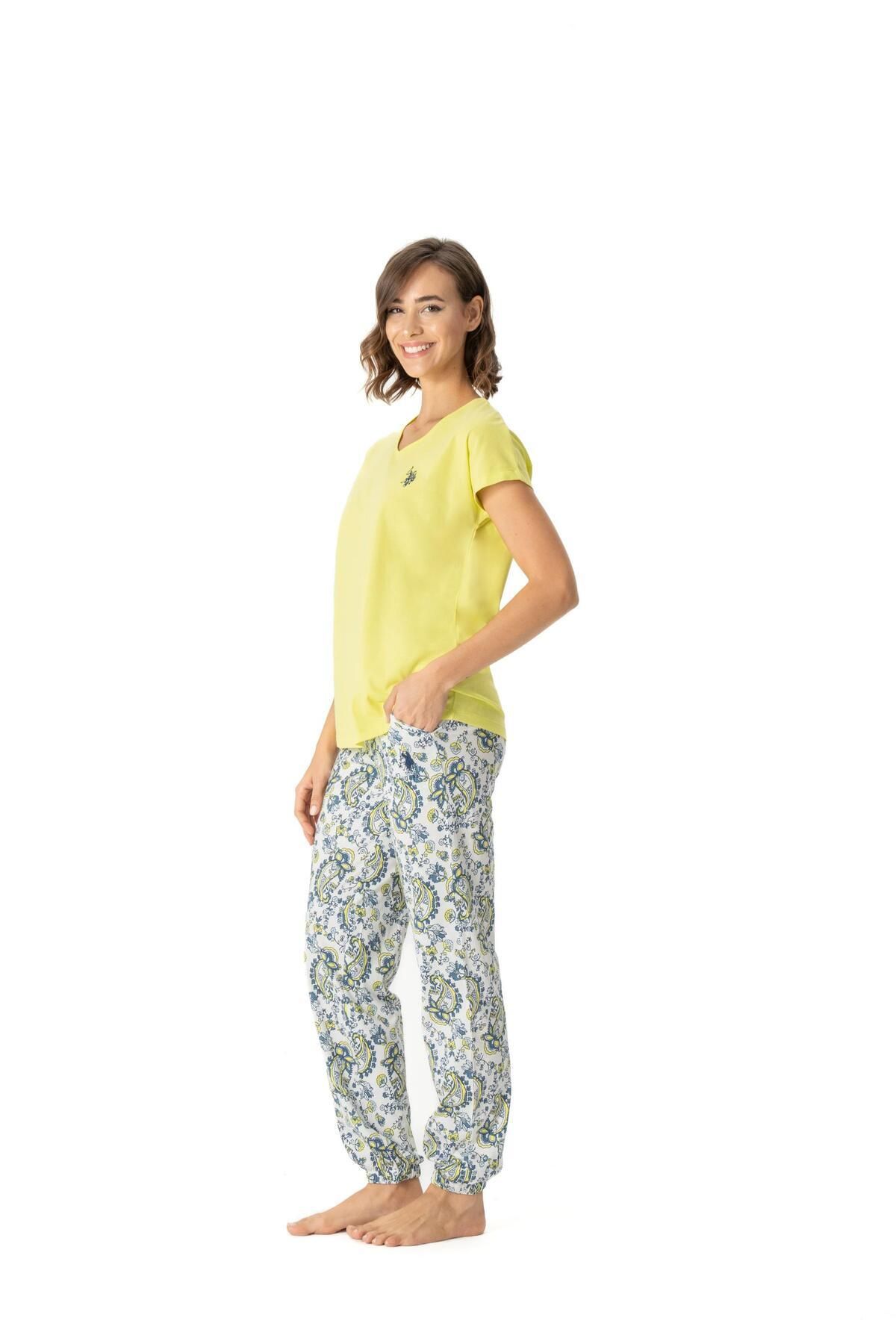 U.S. Polo Assn. U.S. Polo Assn. Kadın Desenli Dar Paça Sarı Yazlık Rahat Kesim Pijama Takımı