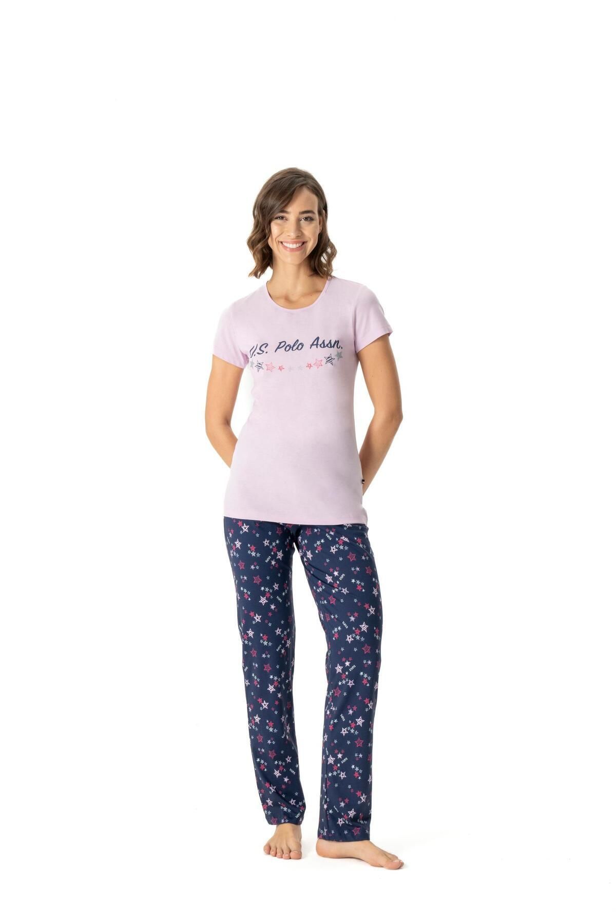 U.S. Polo Assn. U.S. Polo Assn. Kadın Pembe Yıldızlı Regular Fit Rahat Yazlık Pijama Takımı