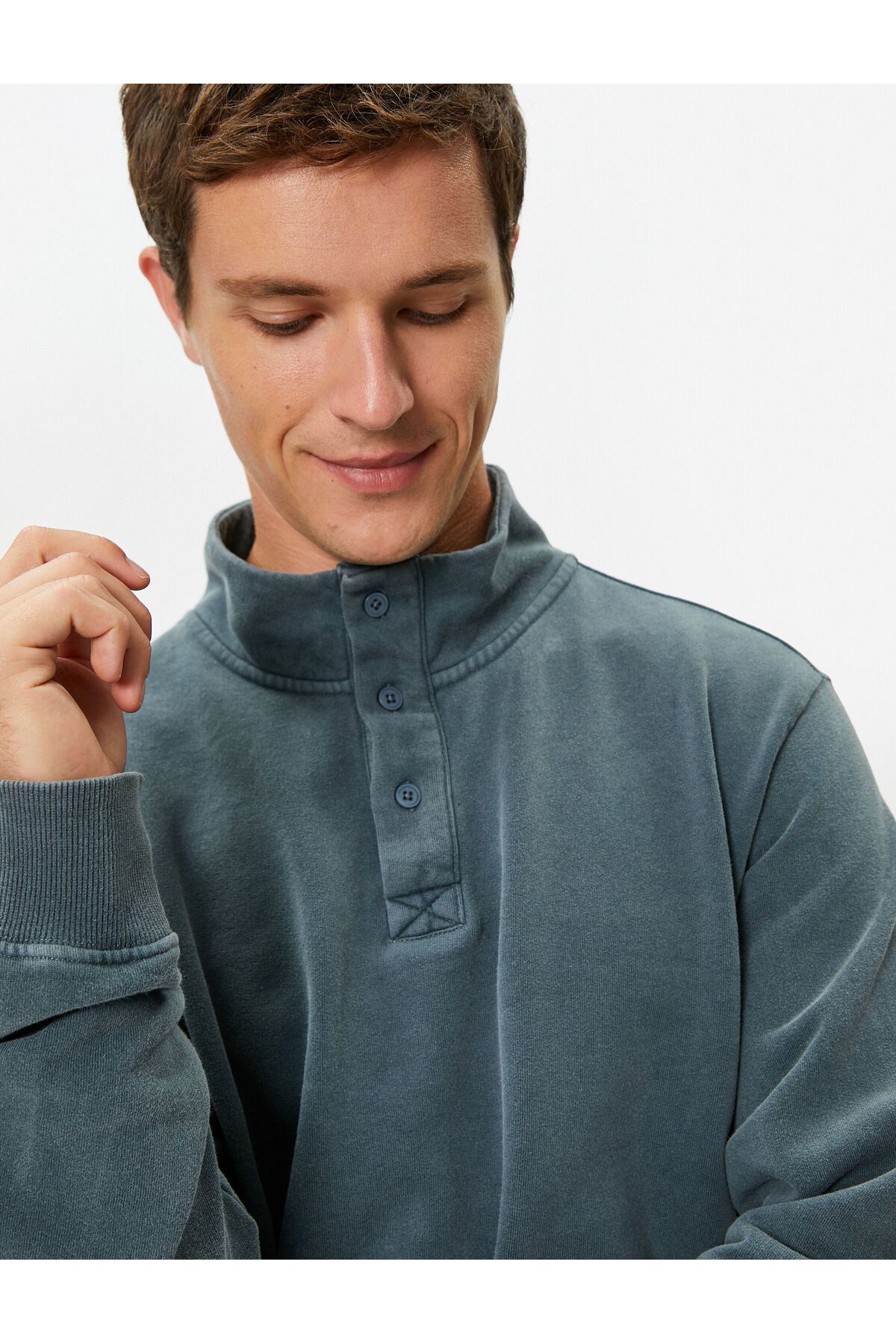 Koton Yıkamalı Sweatshirt Dik Yaka Düğme Detaylı Pamuklu