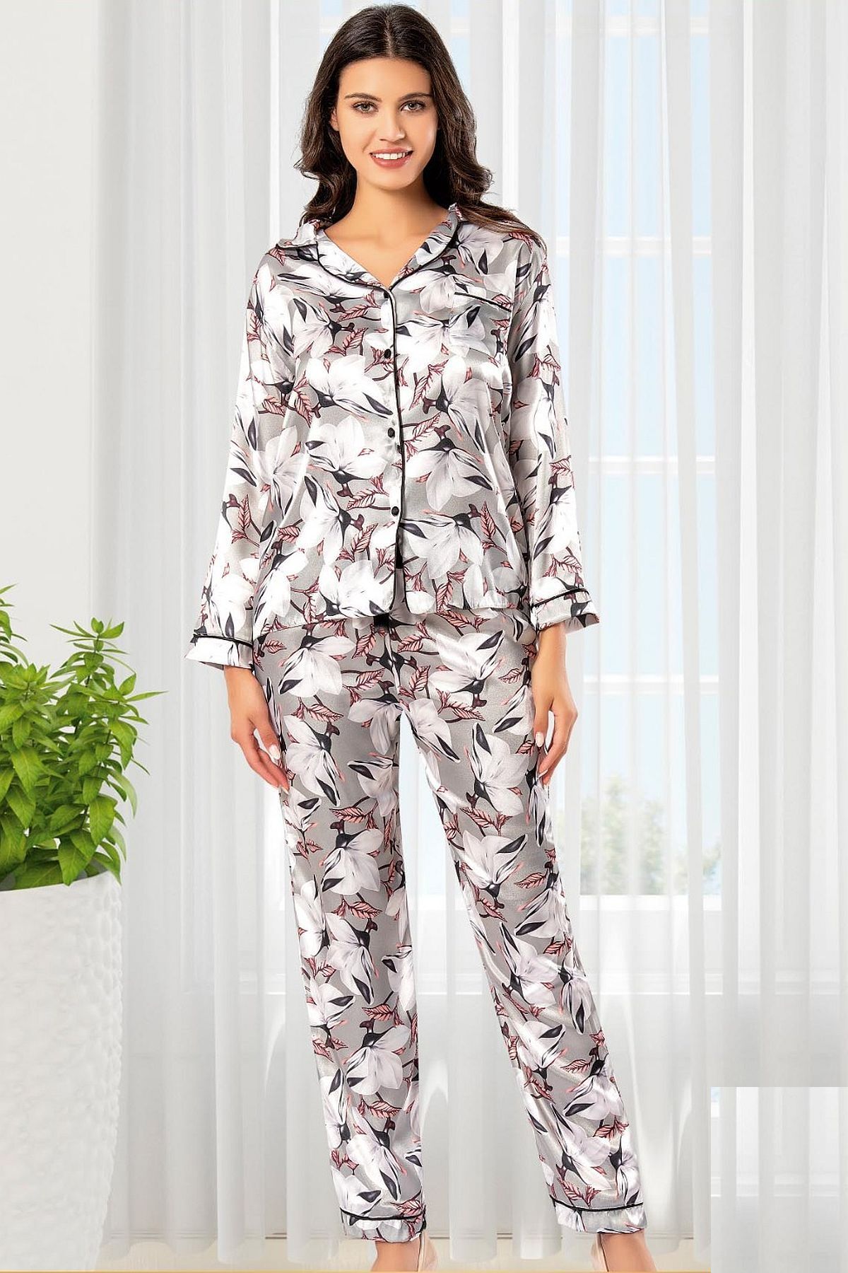Xses 2000 Kadın Uzun Kollu Saten Empirme Pijama Takımı-gri