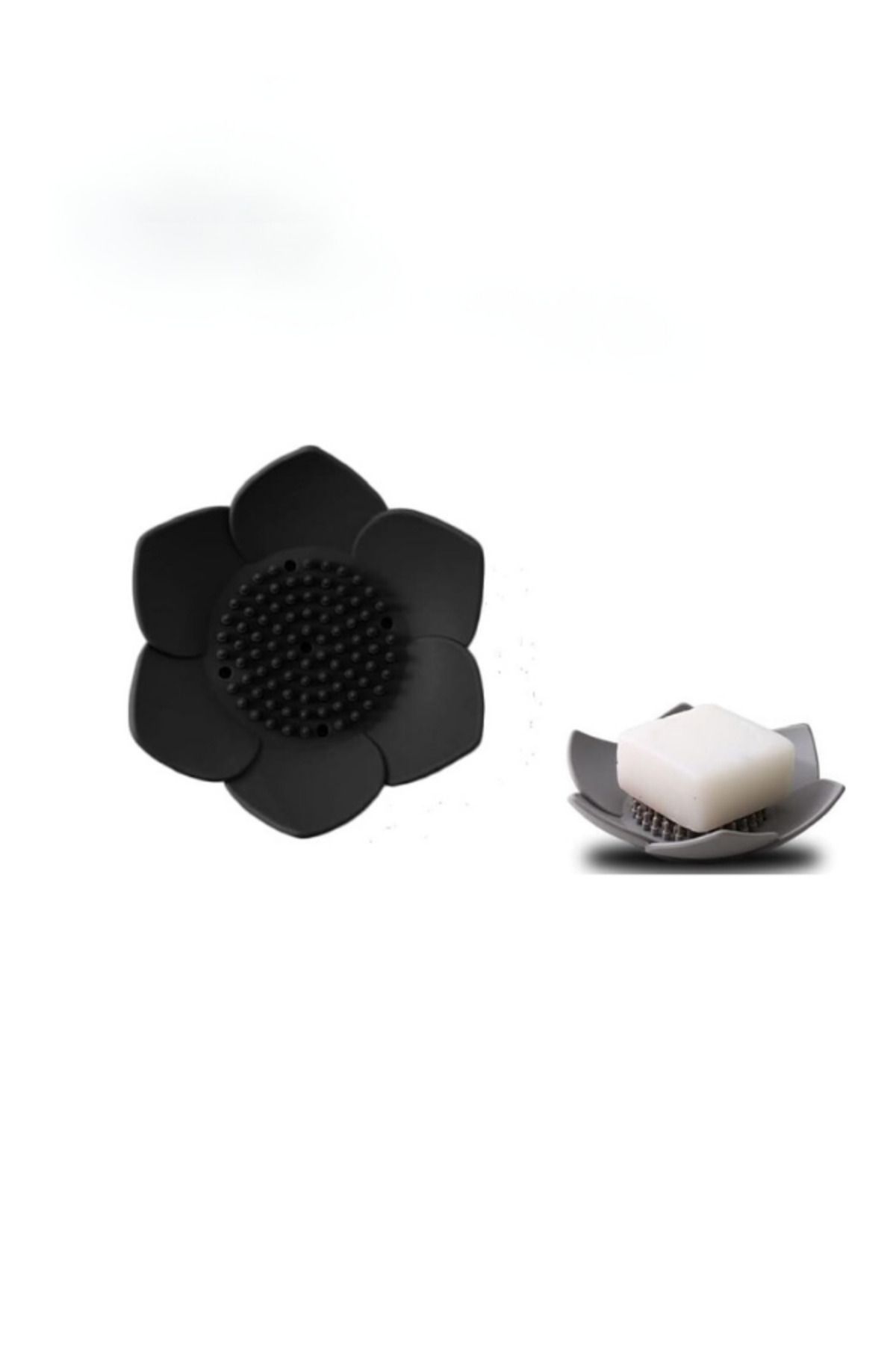 omilife Lotus Desenli Sabun Ve Sünger Tutacağı Silikon (SİYAH) Su Giderli Lotus Şekilli Şık Katı Sabunluk