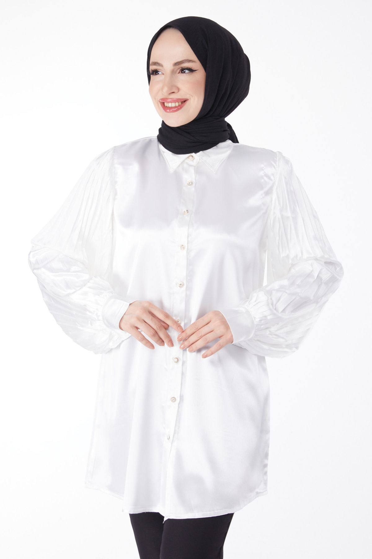 TOFİSA Düz Gömlek Yaka Kadın Beyaz Kolu Pileli Tunik - 24965