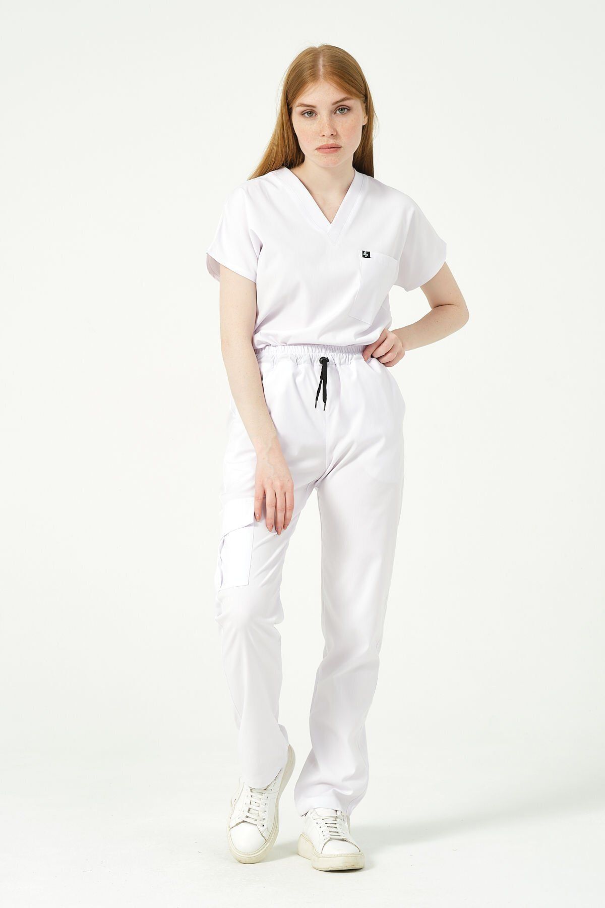 Pratik Medikal Beyaz Likralı Scrubs Kargo Cep Doktor Hemşire Forması Yarasa Kol Takım Unisex