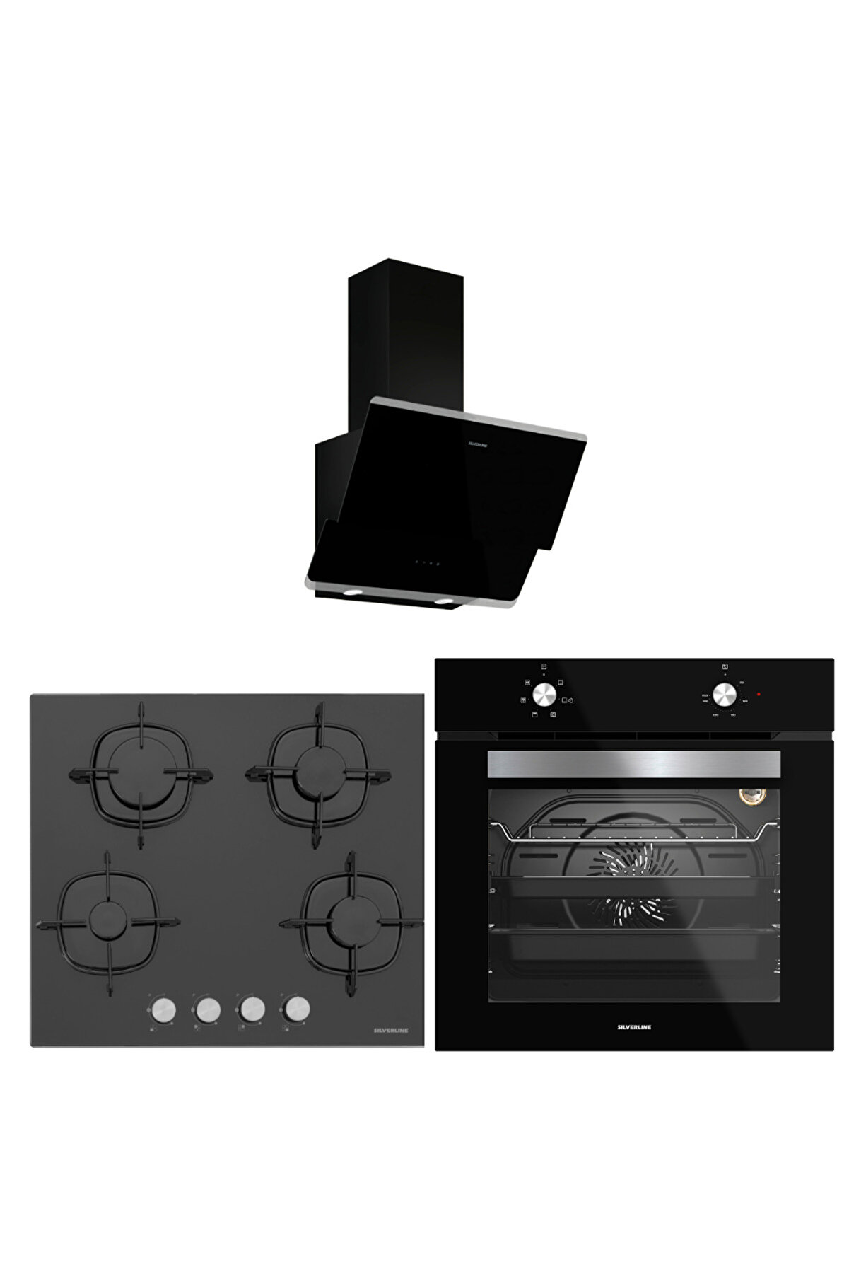 Siyah Cam Ankastre Set (3490 Oslo Davlumbaz - CS5356B01 Ocak - BO6501B01 Fırın)