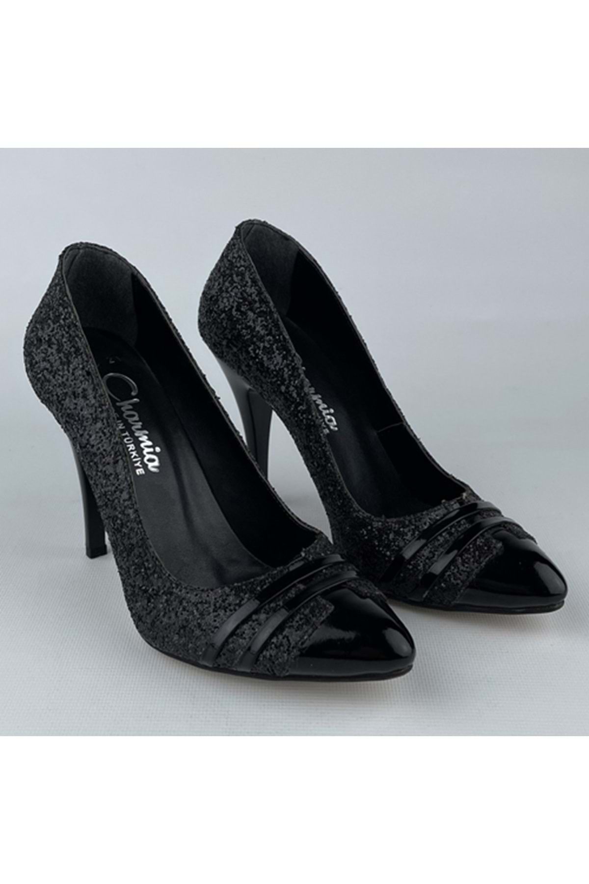 Astorya Siyah Pullu Önü Rugan Stiletto Kadın Topuklu Ayakkabı