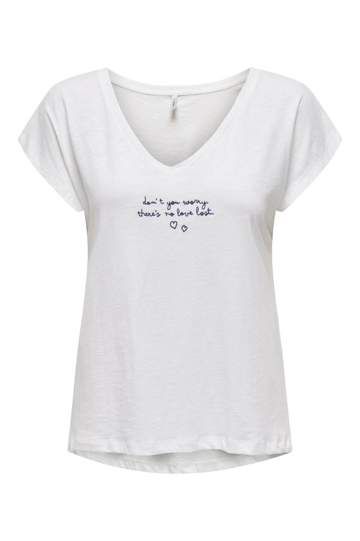 Only Kadın V-Yaka İşlemeli T-shirt - 15320529