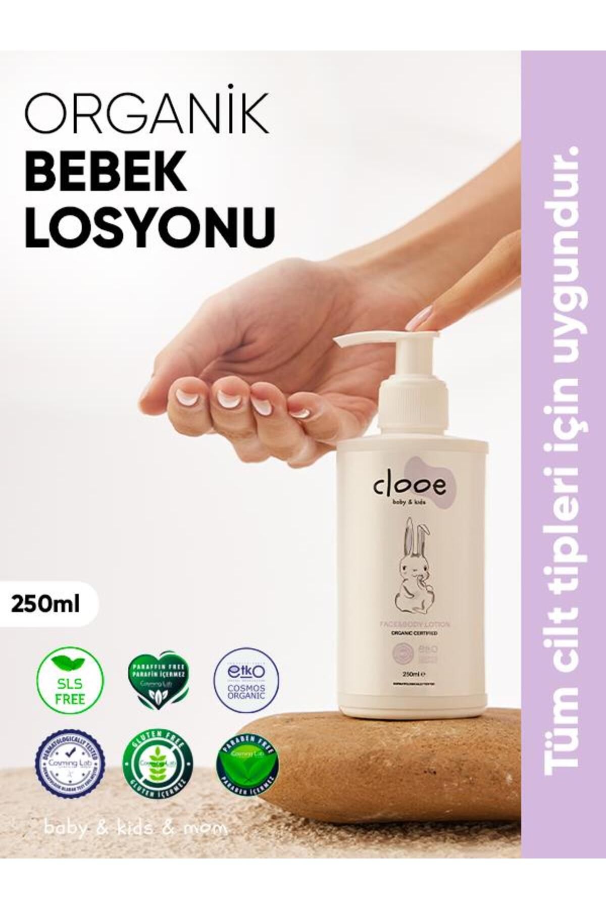clooe Organik Bebek Losyonu (250ML) - Argan Yağı, Zeytinyağı, Gül Suyu - Yenidoğan Kullanımına Uygun