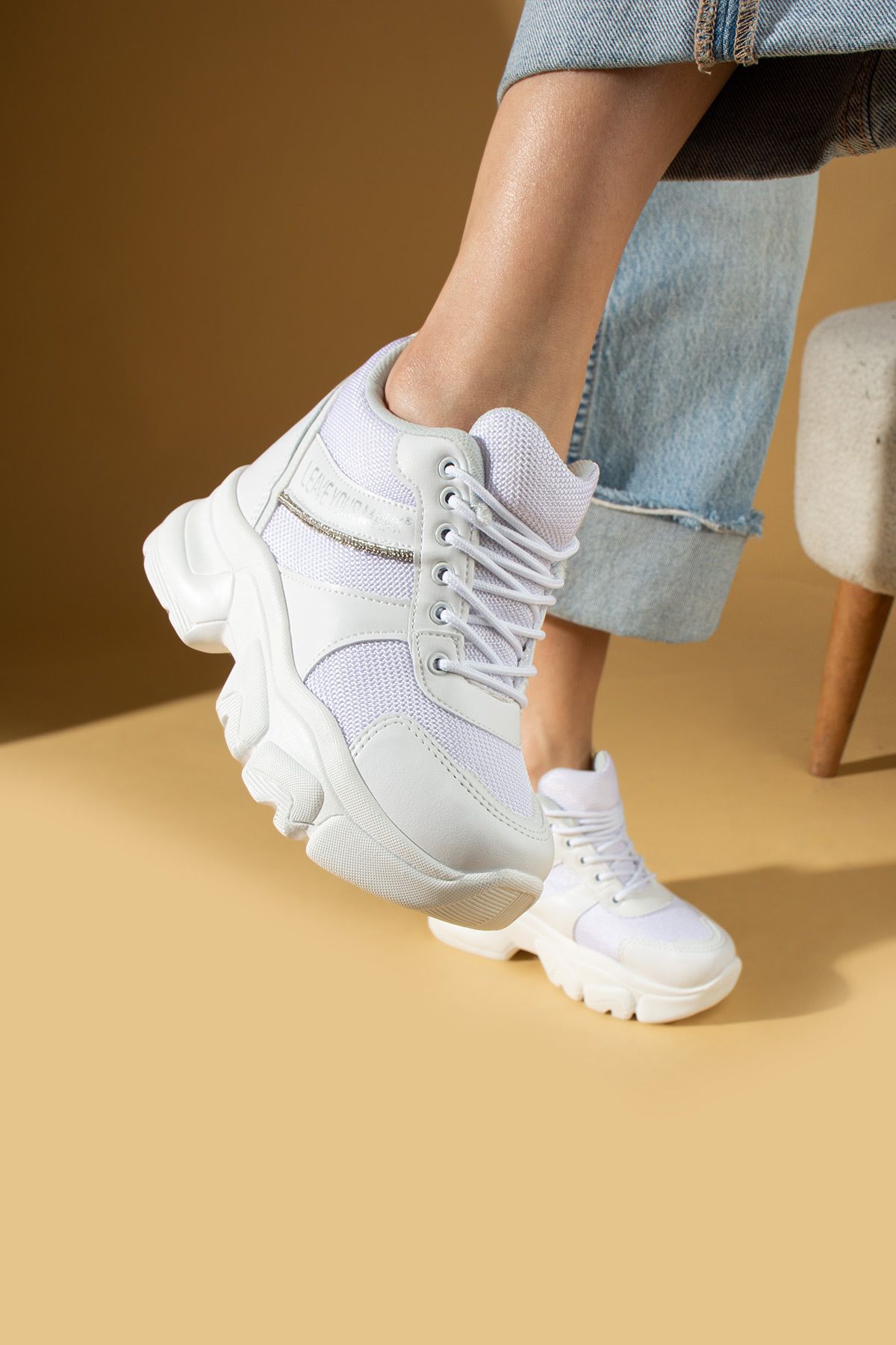 Pembe Potin Kadın Beyaz Poli Rahat Taban Gizli Topuk Tarz Bağcıklı Spor Sneaker Ayakkabı