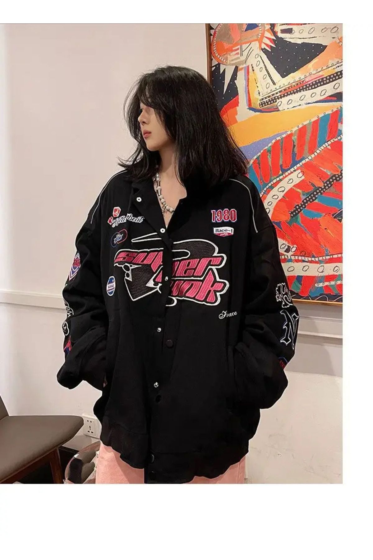 behelit İlkbahar ve Sonbahar 2024 Yeni Vintage Amerikan Siyah Super Punk Bomber Düğmeli Ceket