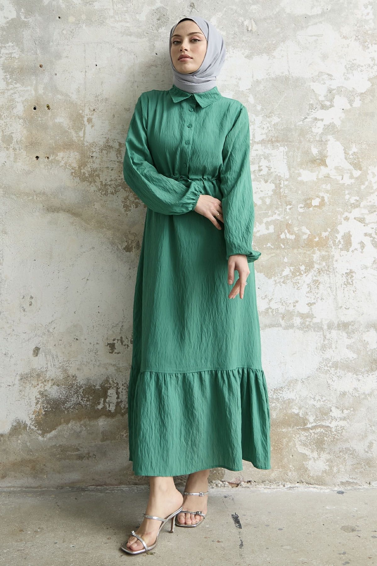 InStyle Kendinden Çizgili Monako Elbise - Yeşil