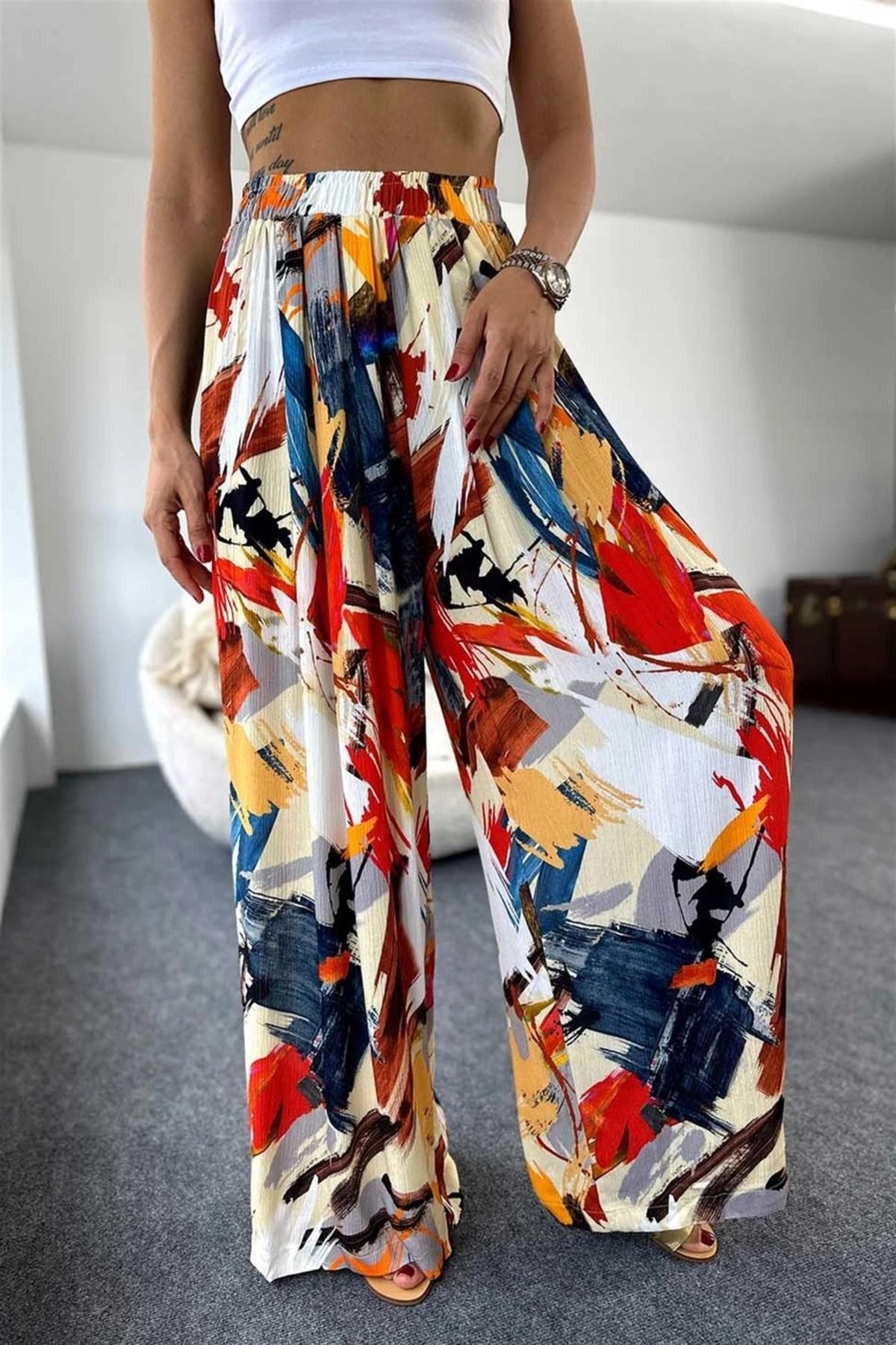 Lavanta Tekstil Viskon Kumaş Beli Lastikli Tasarım Desen Salaş Kadın Pantolon Renkli