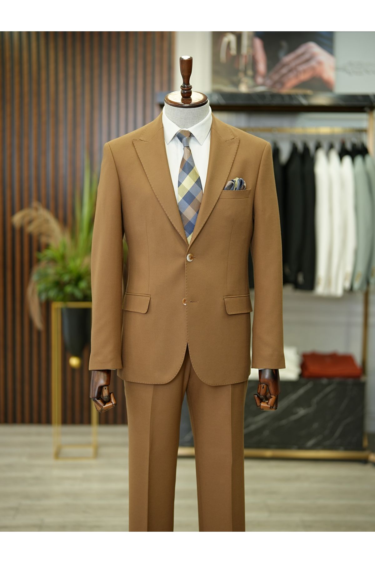 LONATOLİA Premium Erkek SlimFitİtalyan Stil Punto Dikişli Yarım Astarlı Takım Elbise Ceket Pantolon-Camel