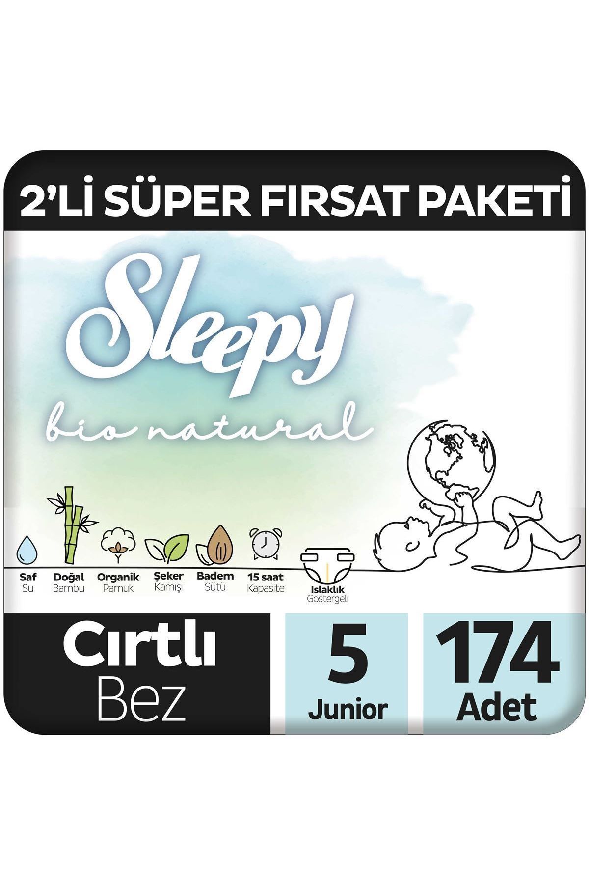 Sleepy Bio Natural 2'Li Süper Fırsat Paketi Bebek Bezi 5 Numara Junior 174 Adet