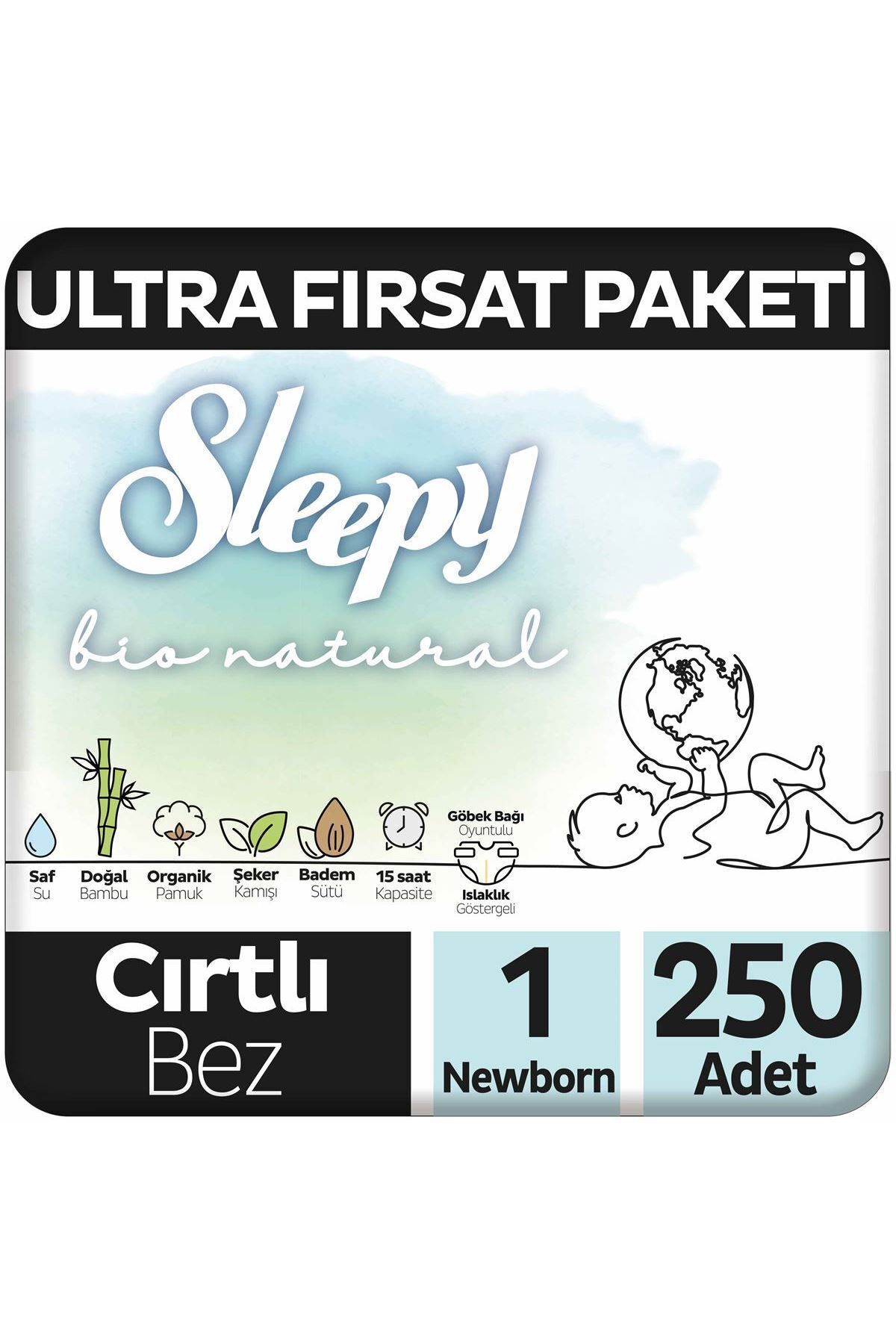 Sleepy Bio Natural Ultra Fırsat Paketi Bebek Bezi 1 Numara Newborn 250 Adet