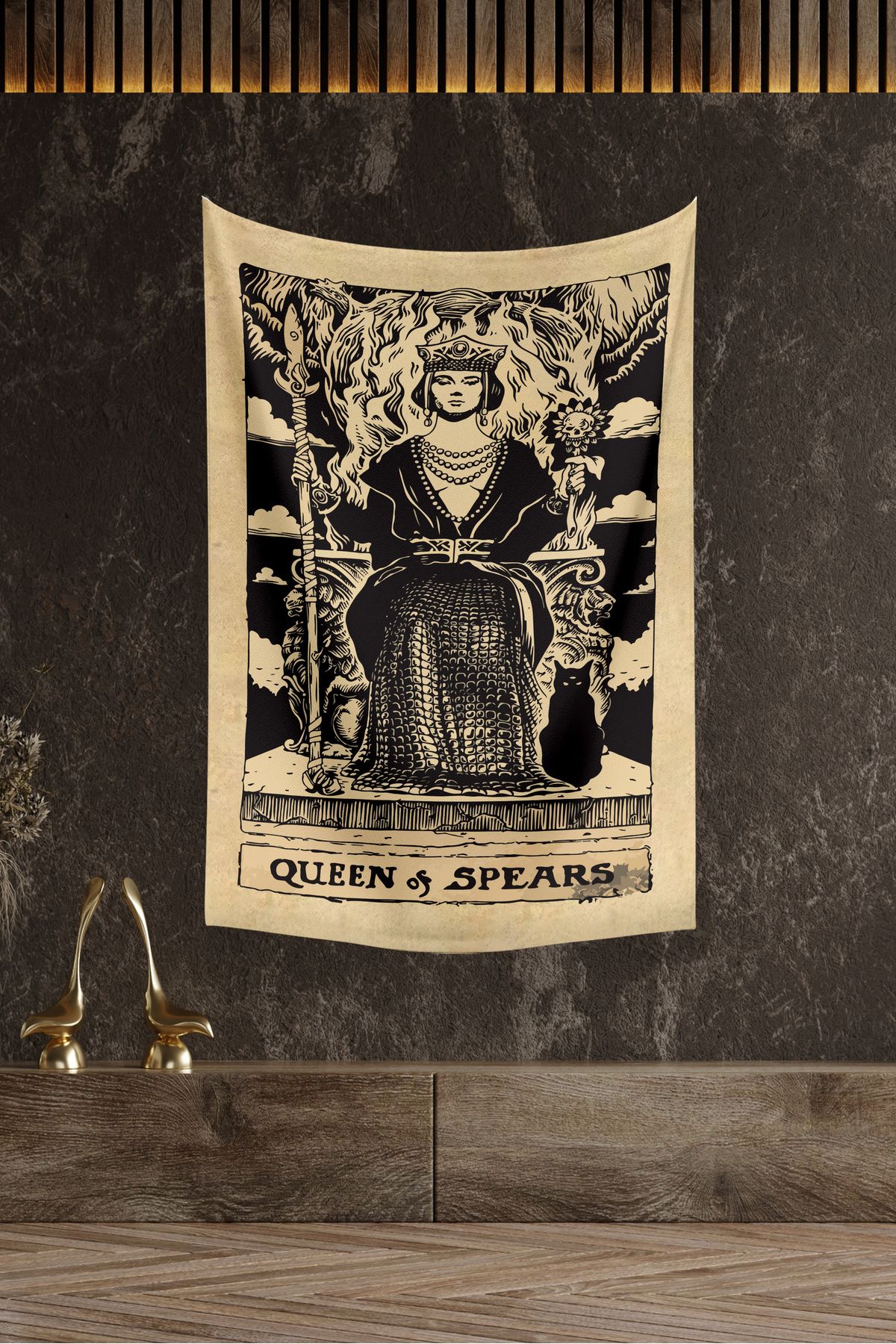 KanvasSepeti Tarot Kartı Queen of Spears Duvar Örtüsü Yağlı Boya Dokulu