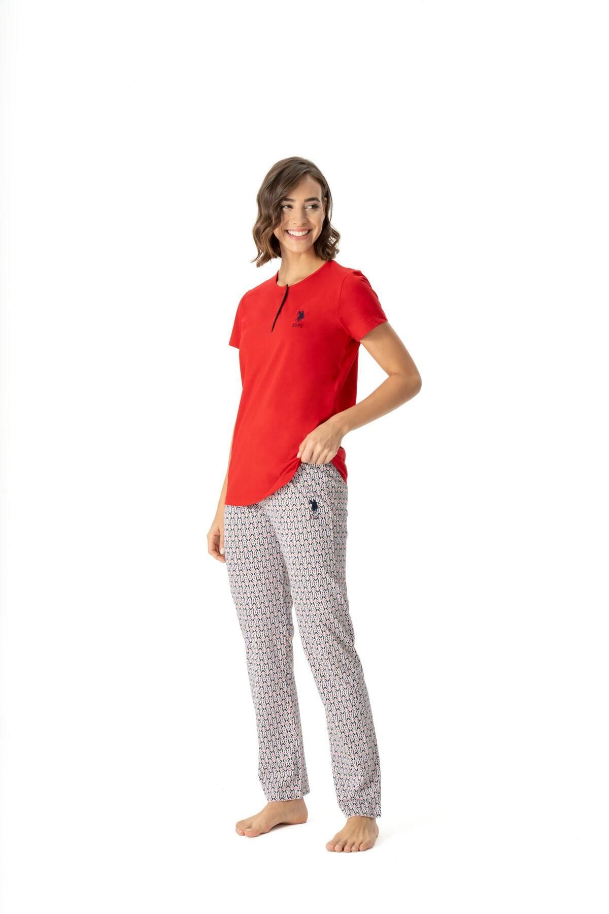 U.S. Polo Assn. U.S. Polo Assn. Kadın %100 Pamuk Kırmızı Patlı T-shirt & Uzun Paça Desenli Yazlık Pijama Takımı