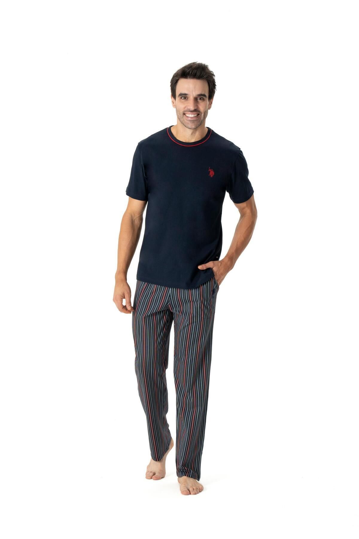 U.S. Polo Assn. U.S. Polo Assn. Erkek Lacivert Marka Logolu T-shirt & Boru Paça Cepli Çizgili Yazlık Pijama Takımı