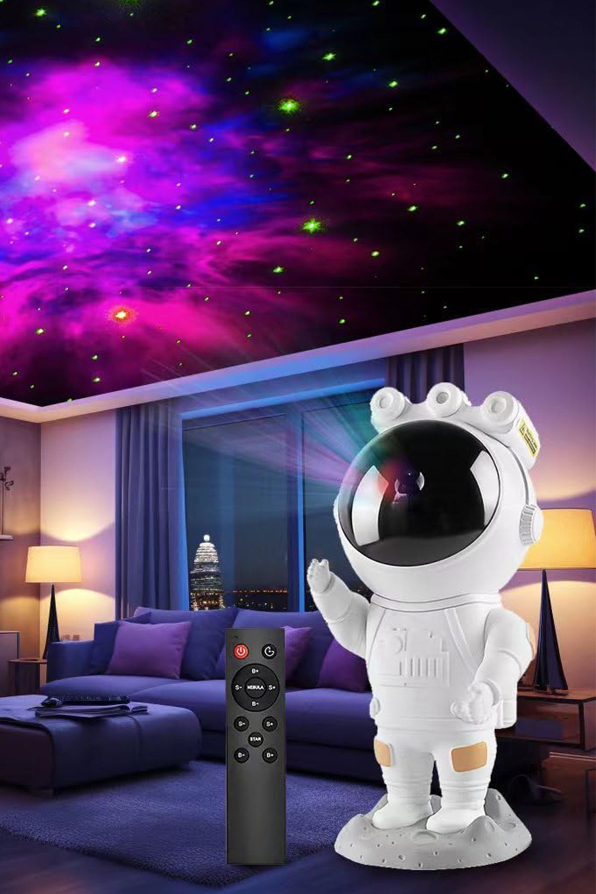 Factorial Gökyüzü Projeksiyon Gece Lambası Çocuk Odası Kumandalı Astronot Projektör Uzay Gece Aydınlatması