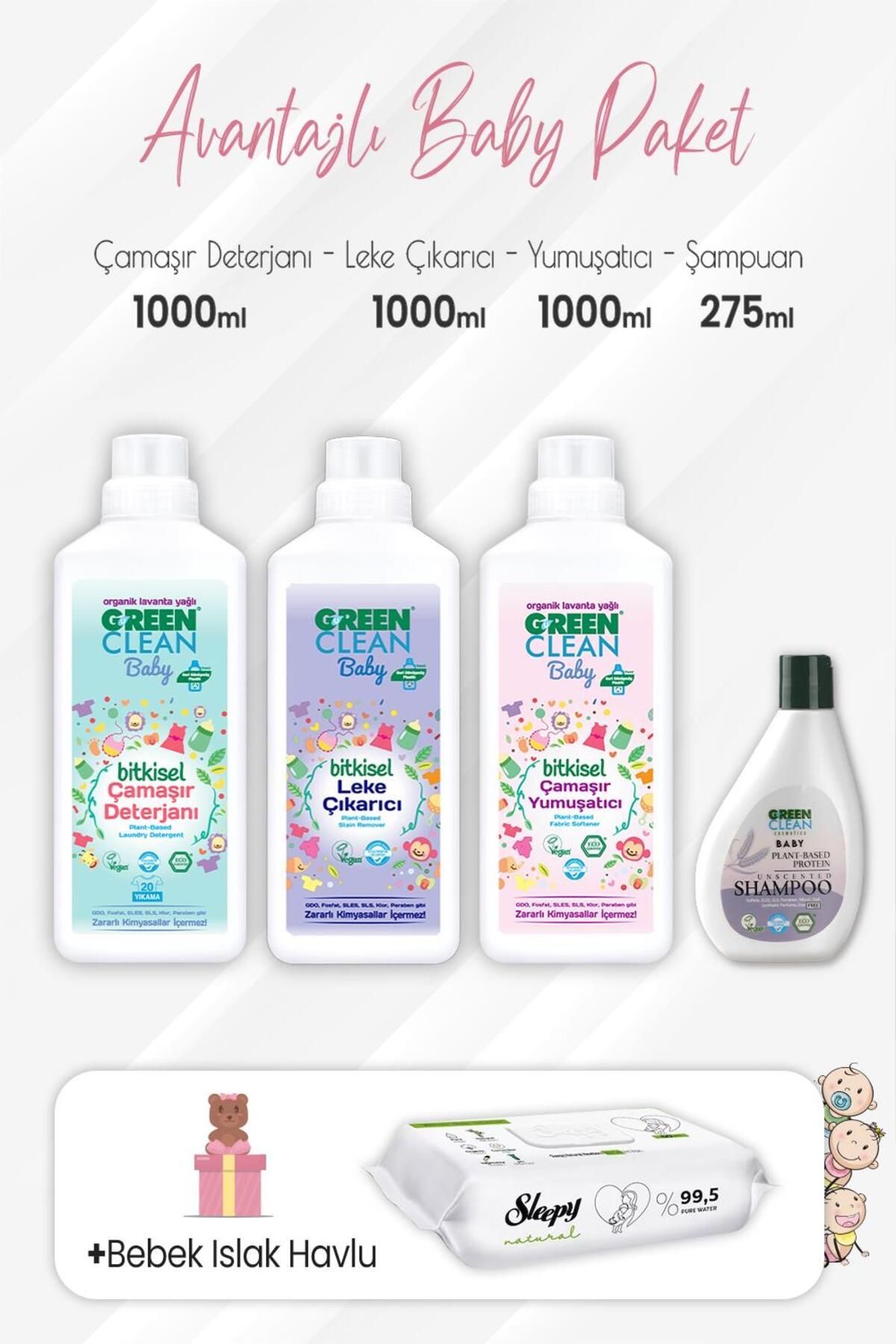 Green Clean Baby Şampuan 275 Ml, Deterjan, Yumuşatıcı, Leke Çıkarıcı 1 Lt Ve Natural Yenidoğan 60'lı