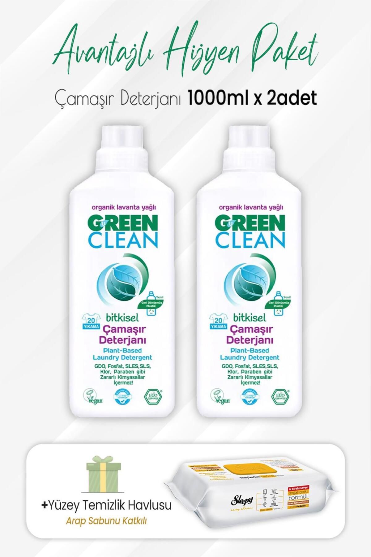 Green Clean Bitkisel Çamaşır Deterjanı 1 Lt X 2 Adet Ve Arap Sabunlu Temizlik Havlusu 100' Lü
