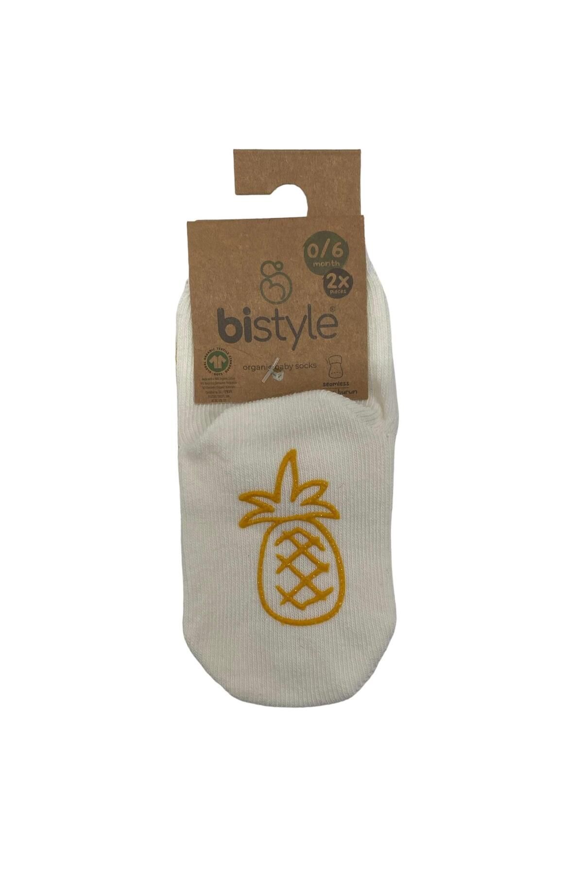 Bibaby Organik Çorap Soket Kaymaz 2li Bistyle Penye Meyve Figürlü Hardal - Ekru