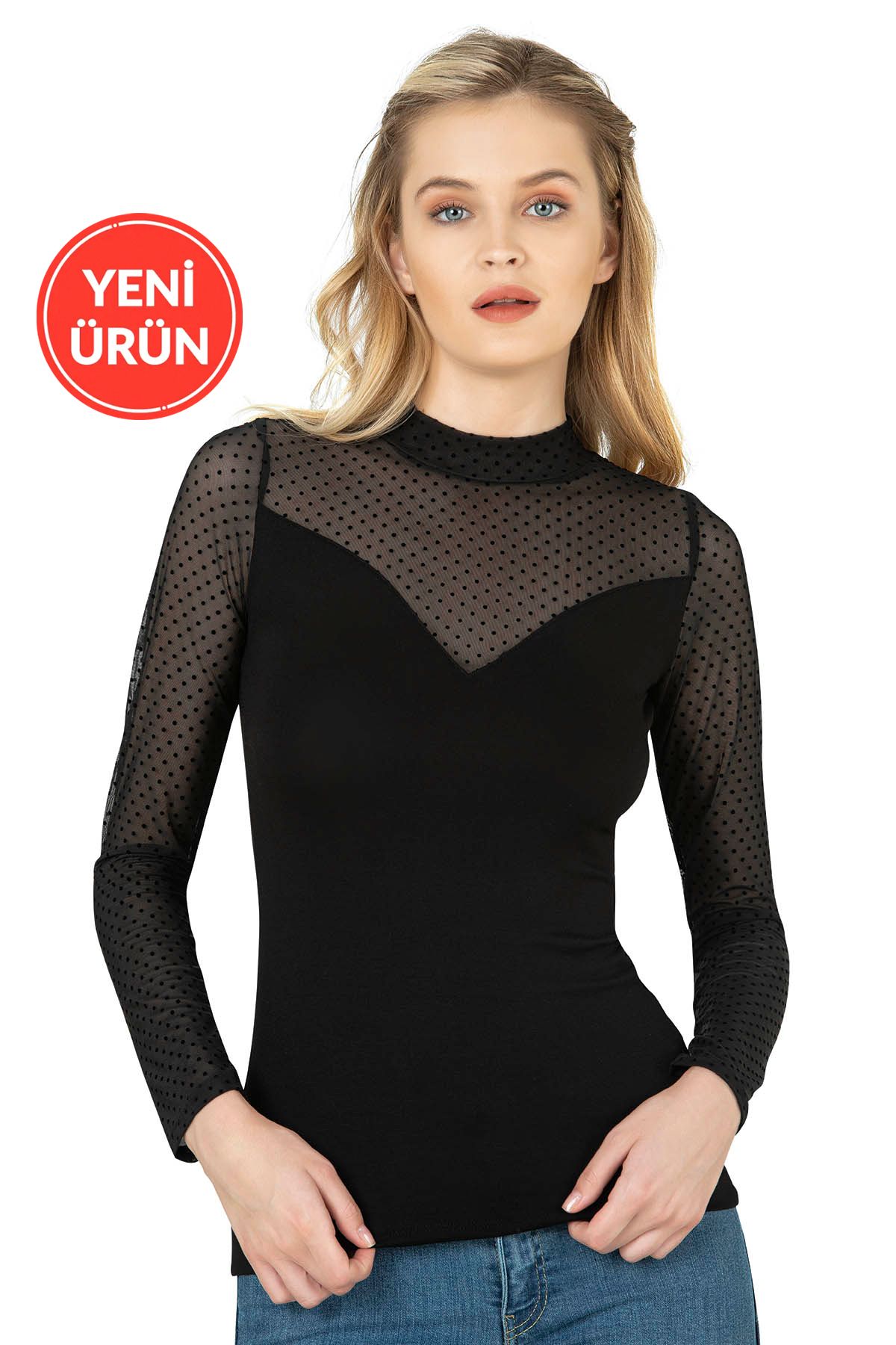 ÖZKAN underwear Özkan 26824 Kadın Ring Viskon Flok Tül Detaylı Uzun Kollu Esnek Yumuşak Bluz Tişört Badi