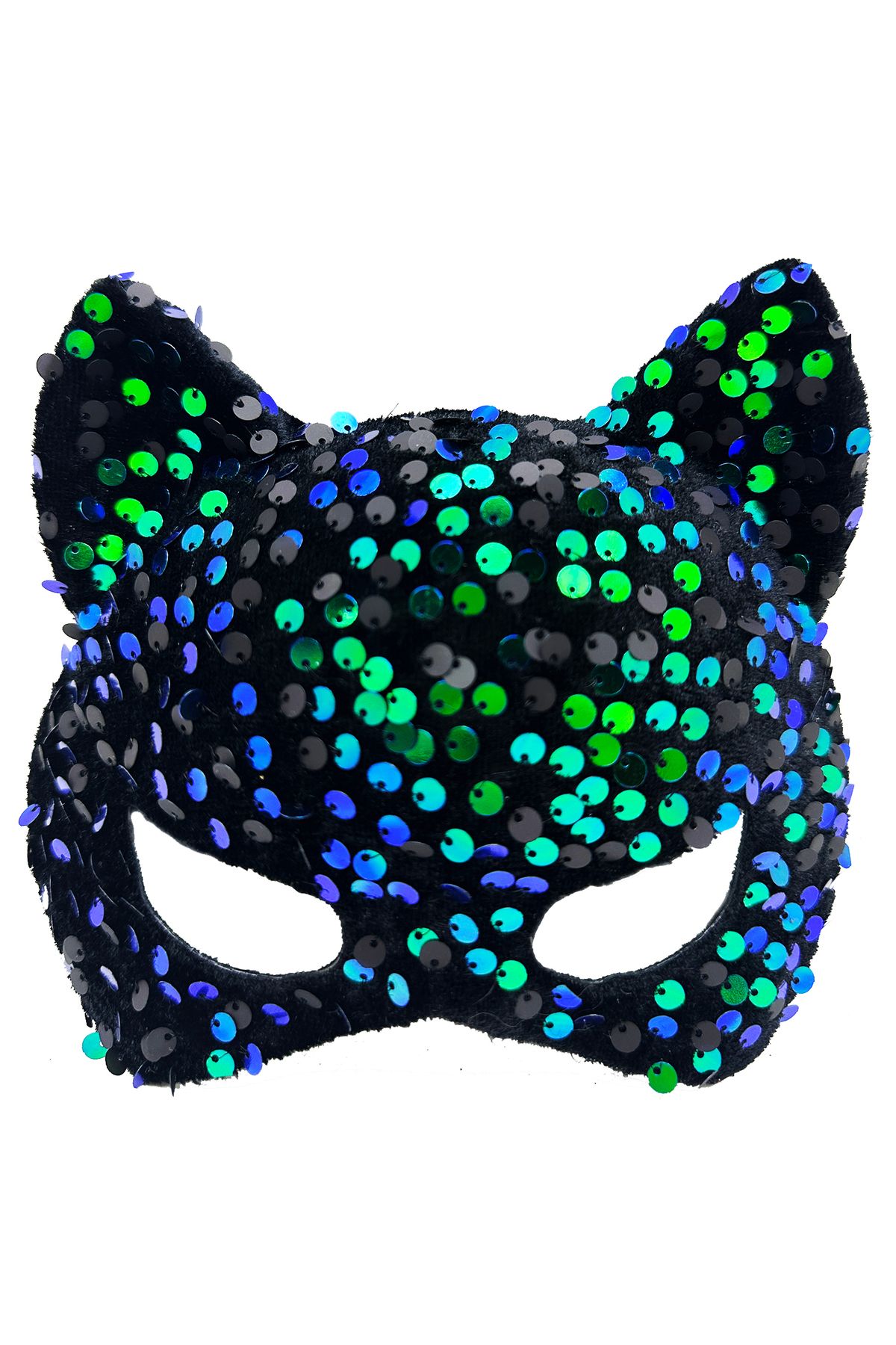 Afrodit Siyah Kadife Kumaş Üzerine Mavi Yeşil Payetli Pullu Parti Maskesi 16x14 cm (CLZ)