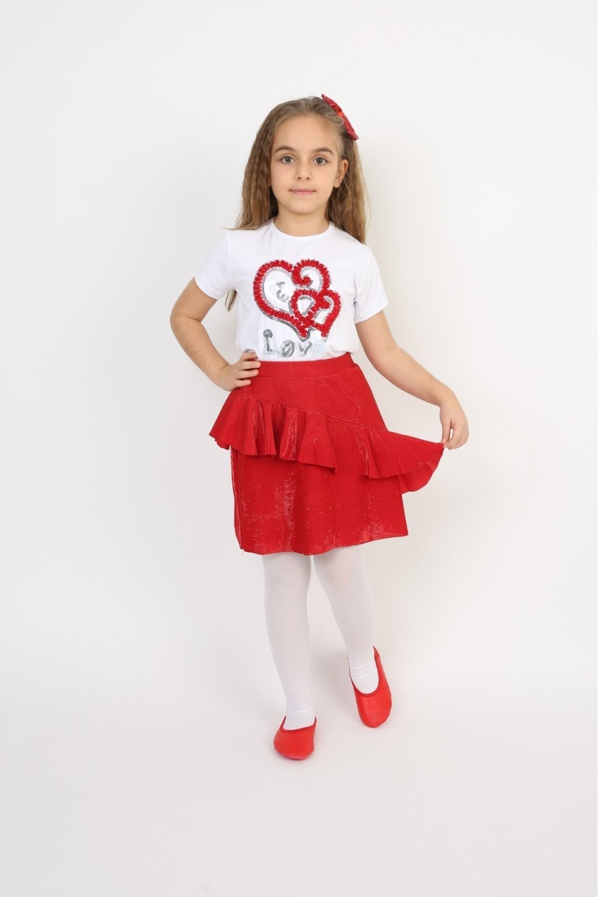 Haba Kız Çocuk Takım Love Kalp Badi Saçaklı Kırmızı Etek 23 Nisan Gösteri Kostüm Doğum Günü Kıyafeti