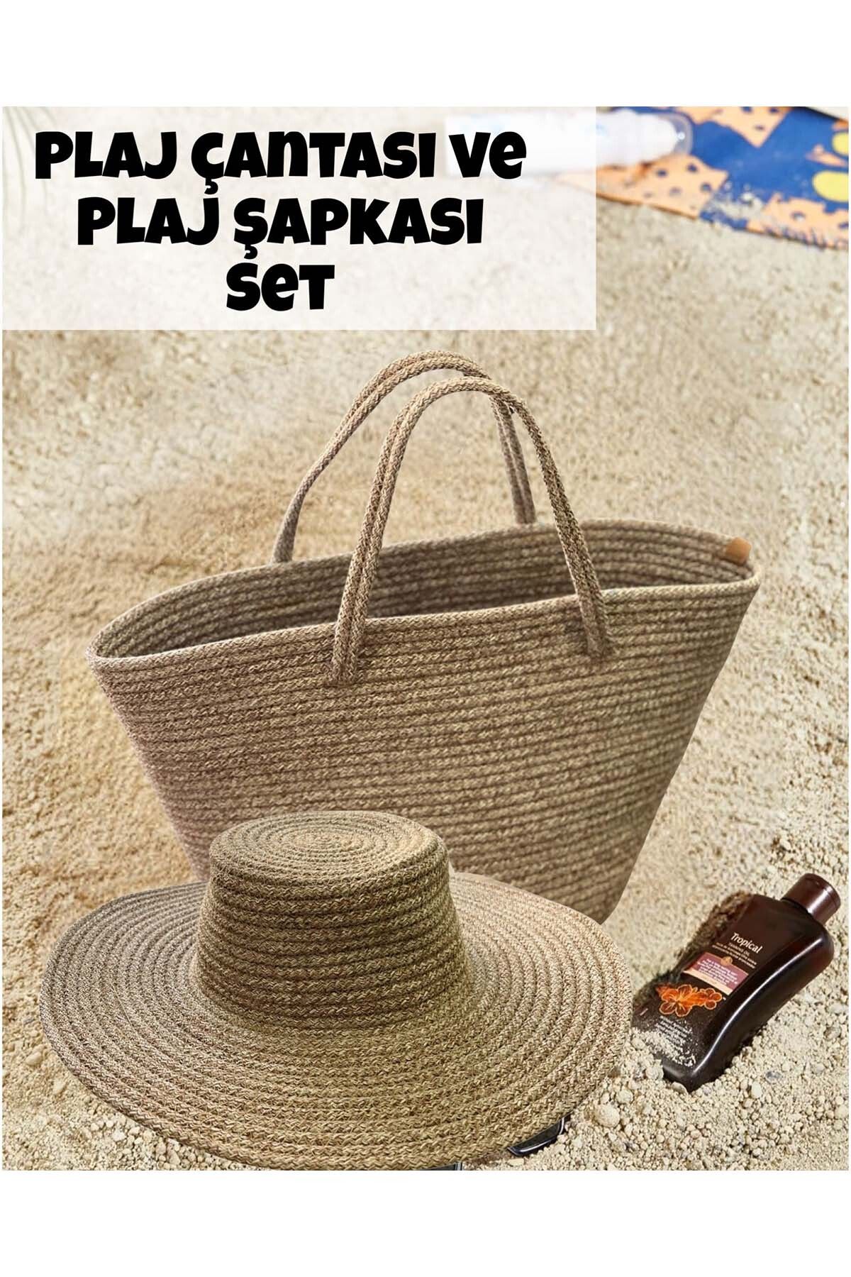 b besely Hasır Jüt Plaj Çantası ve Plaj Şapkası Seti Yazlık Şapka Yazlık Çanta Yıkanabilir