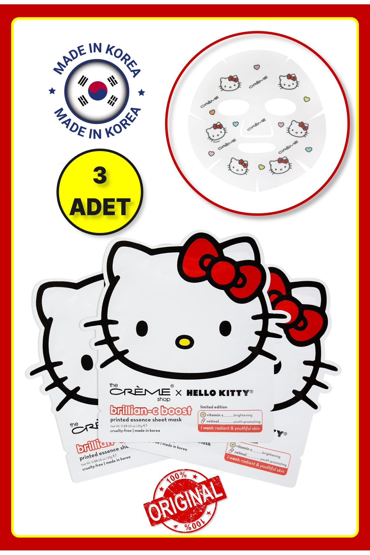 Hello Kitty Temalı Yüz Maskesi Made in Kore - 3 ADET