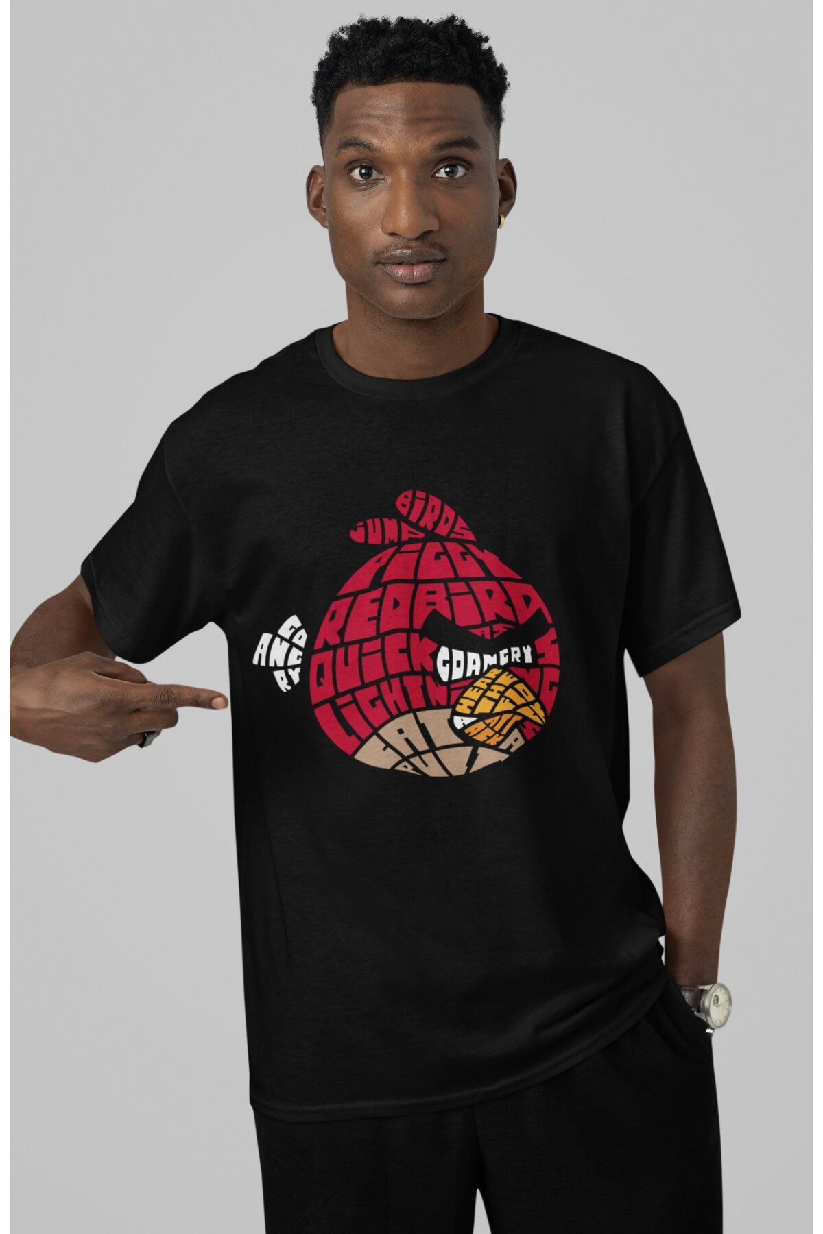 Fuddy Moda Kaligrafik Angry Birds Baskılı Tişört, Erkek-Kadın Kaligrafik Baskılı T-Shirt