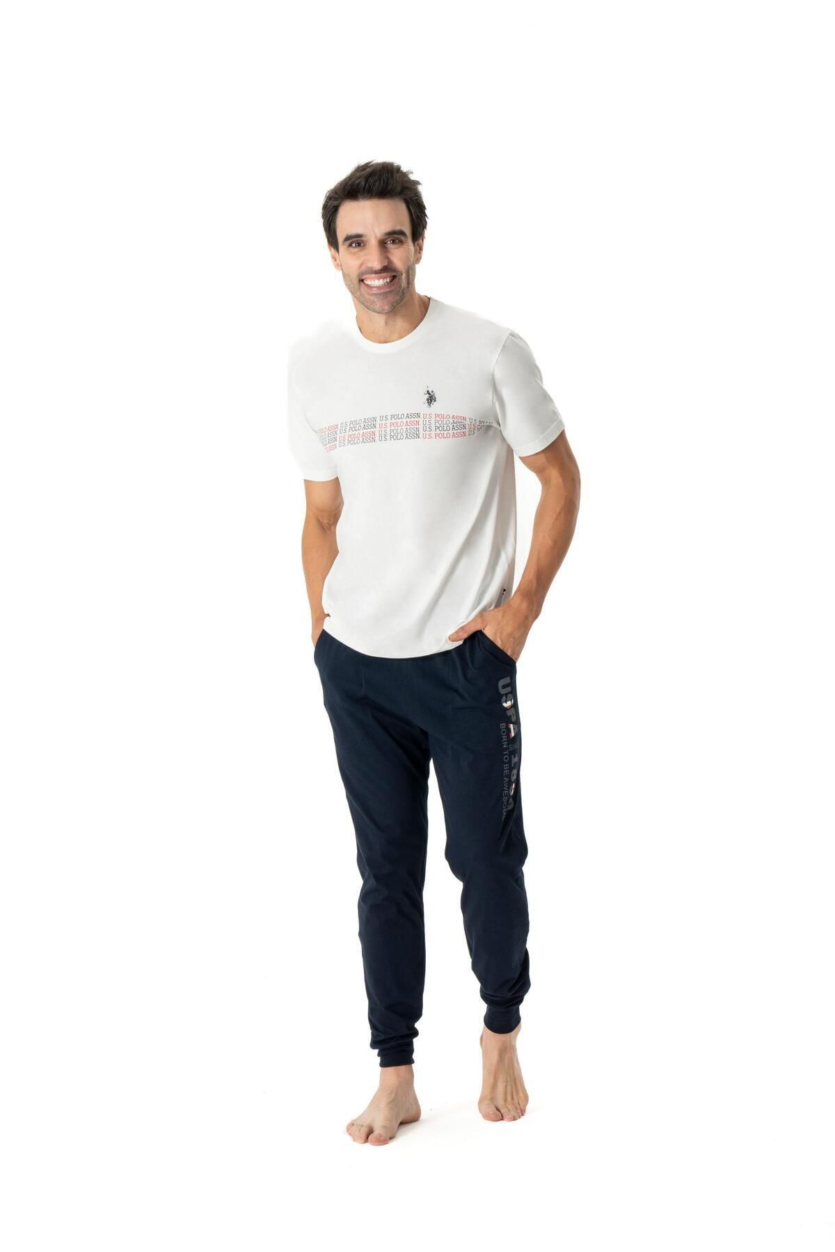 U.S. Polo Assn. U.S. Polo Assn. Erkek Logolu Ekru T-shirt&Boru Paça Cepli Lacivert Yazlık Pijama Takımı