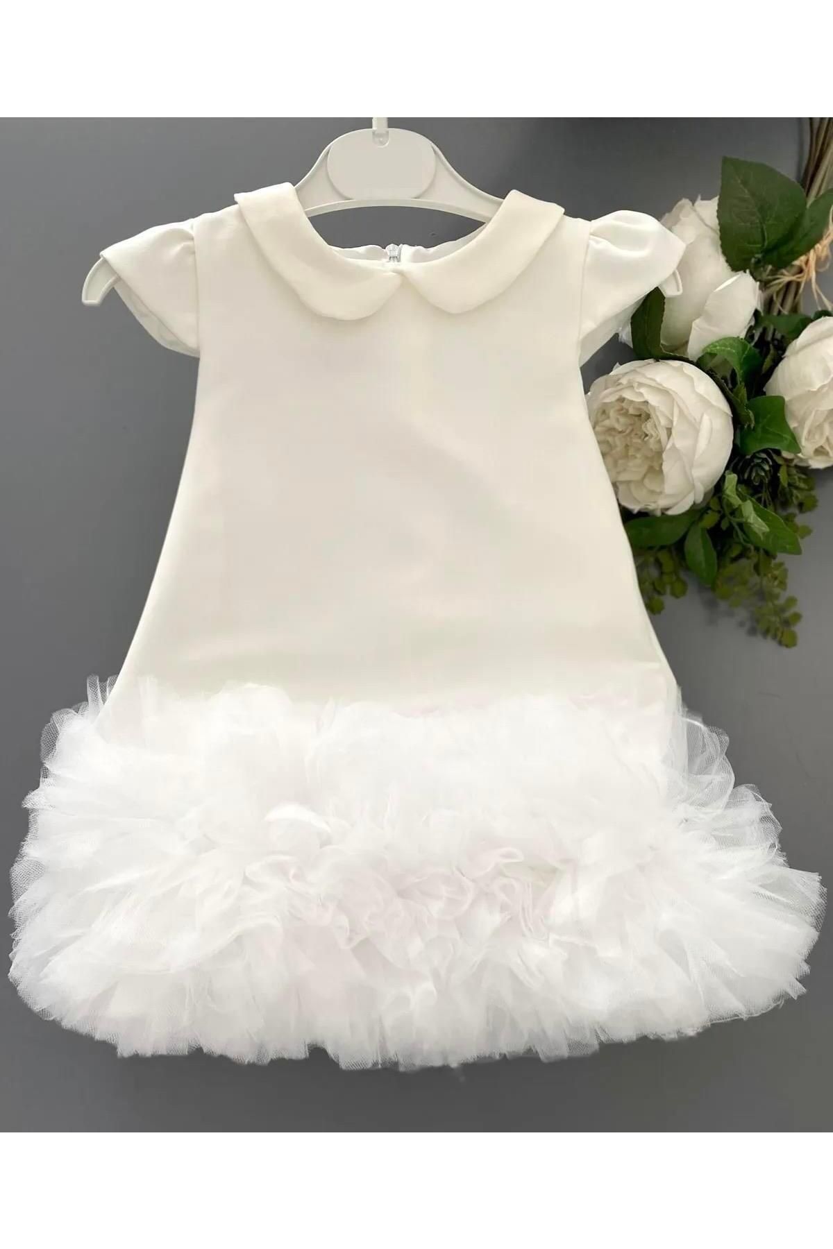 Buse&Eylül Bebe Bebe Yaka Tül Detaylı Kız Çocuk Elbisesi