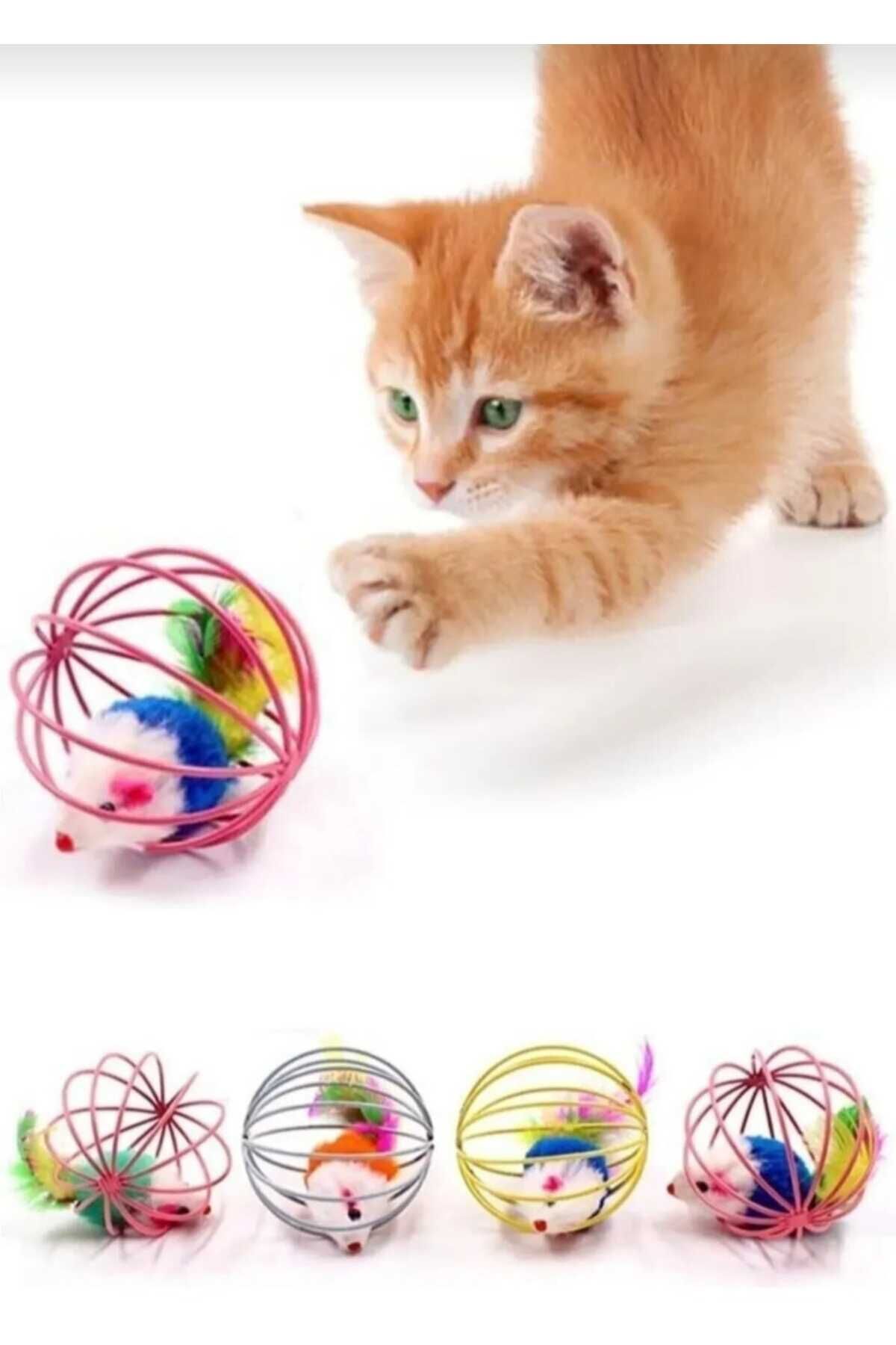 zeixpow Renkli Metal Kafesli Peluş Fareli Kedi Köpek Oyuncağı Oyun Topu 6 cm
