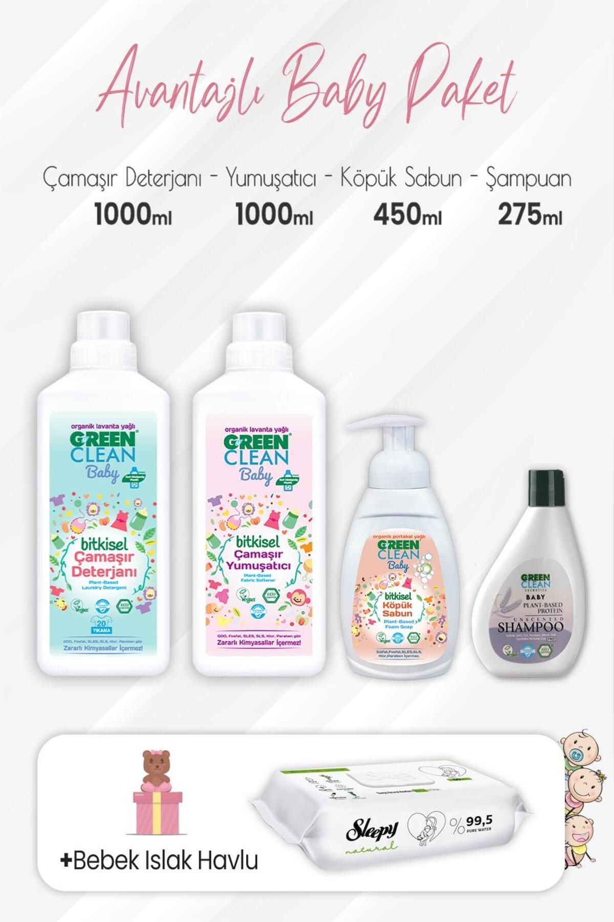 Green Clean Baby Şampuan 275 Ml, Köpük Sabun 450 Ml, Deterjan, Yumuşatıcı 1 Lt Ve Natural Yenidoğan