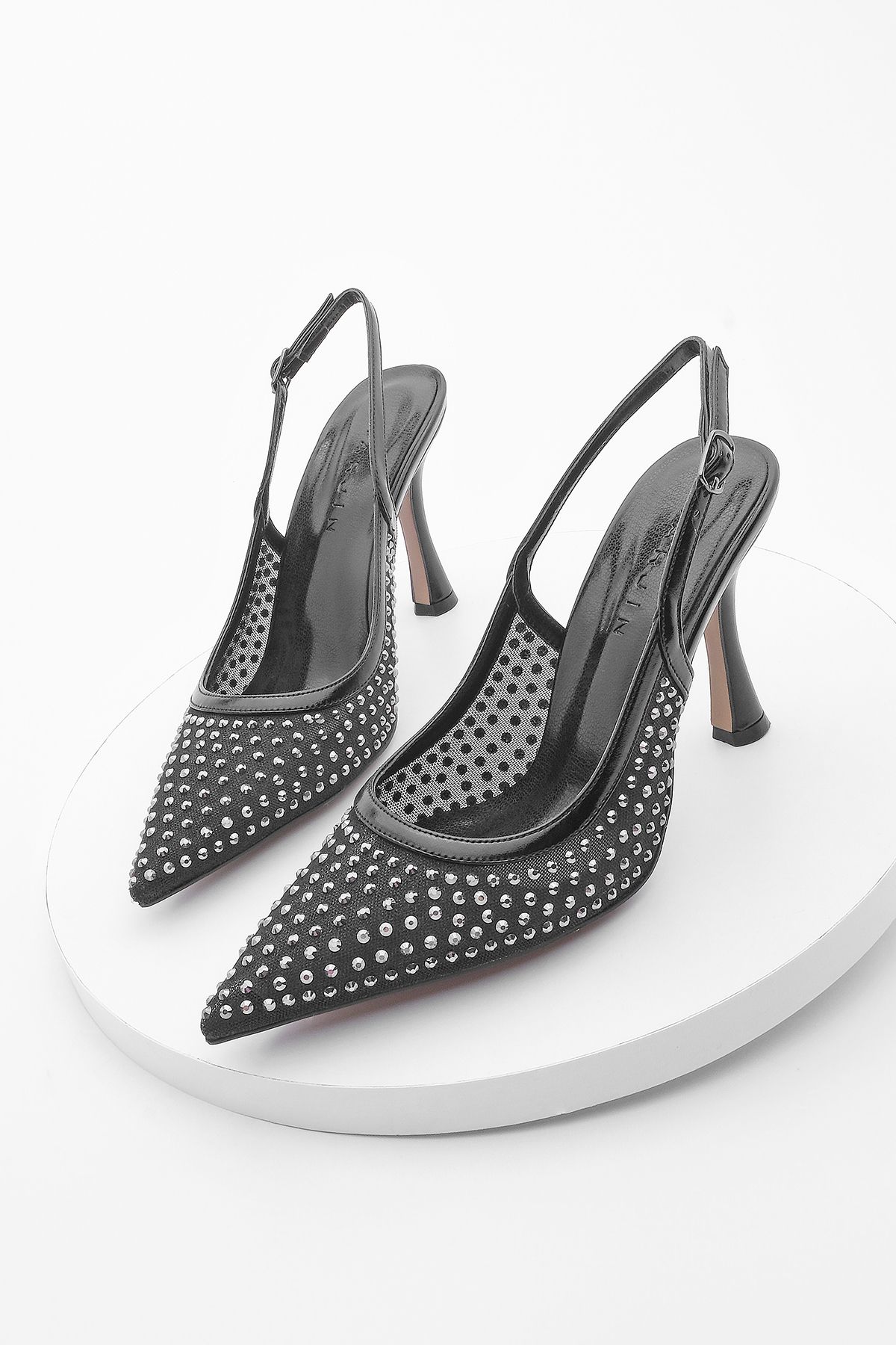 Marjin Kadın Stiletto Taşlı Arkası Açık Topuklu Ayakkabı Dentar Siyah