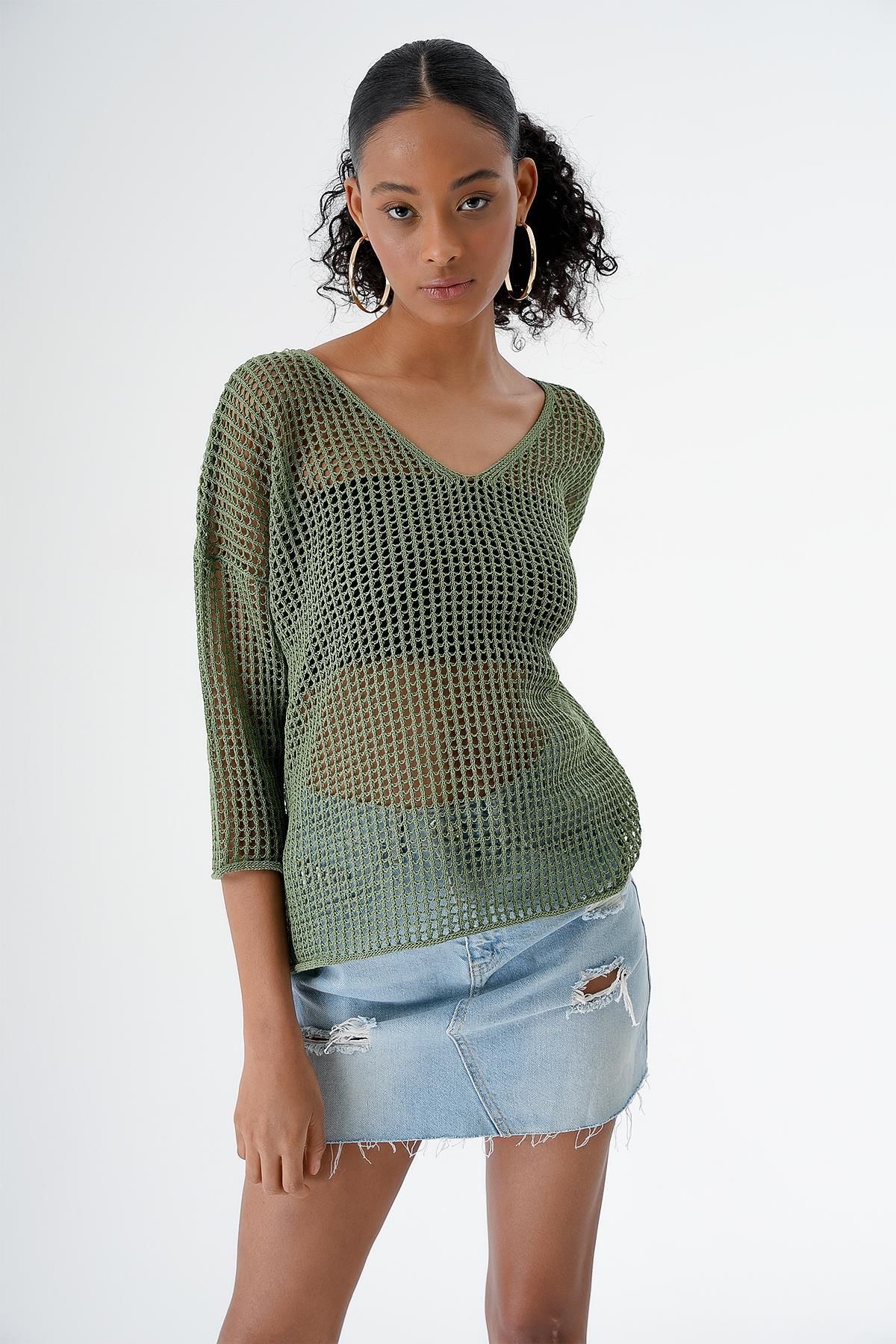 CHUBA Kadın V Yaka Ajurlu Transparan Triko Bluz  Yeşil 24S154