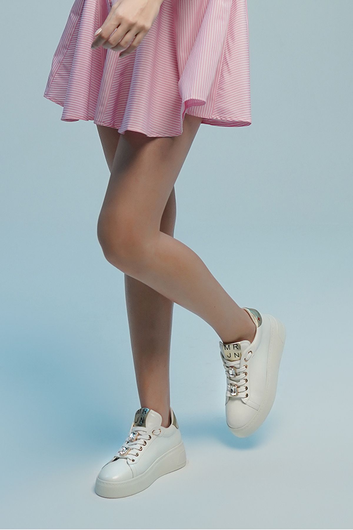 Marjin Kadın Sneaker Yüksek Taban Taşlı Spor Ayakkabı Ridge Beyaz