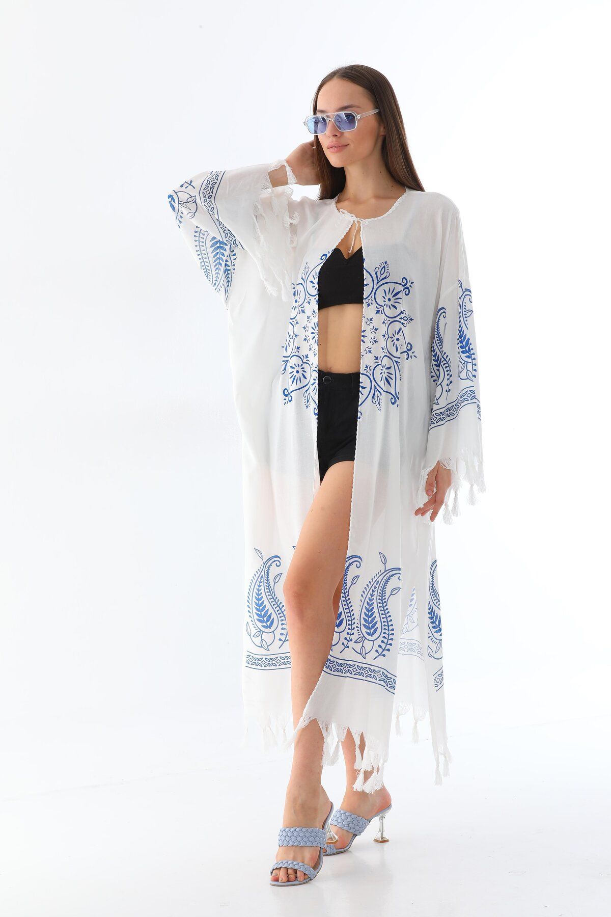 Arden Beyaz Kaftan Pareo, Pamuk Keten Doğal Kumaş Bikini & Mayo Üstü, Yaz Parti Plaj Giyim,Festival Kimono