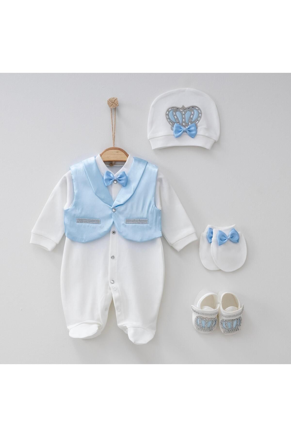 Buse&Eylül Bebe Mavi Yelekli Erkek Bebek Tulum Takım, Hastane Çıkışı, Mevlütlük Takım
