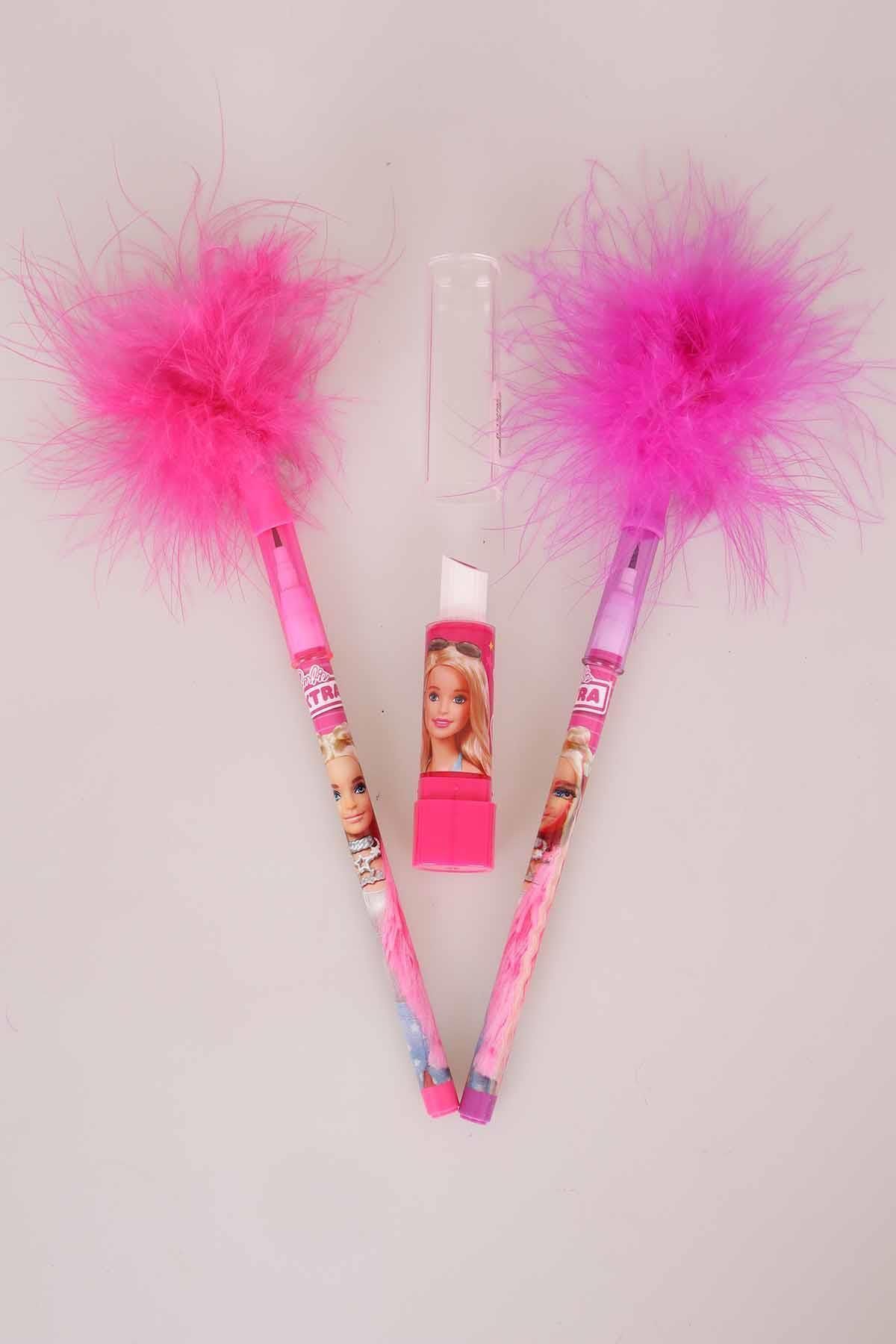Barbie LİSANSLI BARBIE 2'Lİ TÜYLÜ YUMURTLAYAN KURŞUN KALEM VE RUJ SİLGİ SETİ